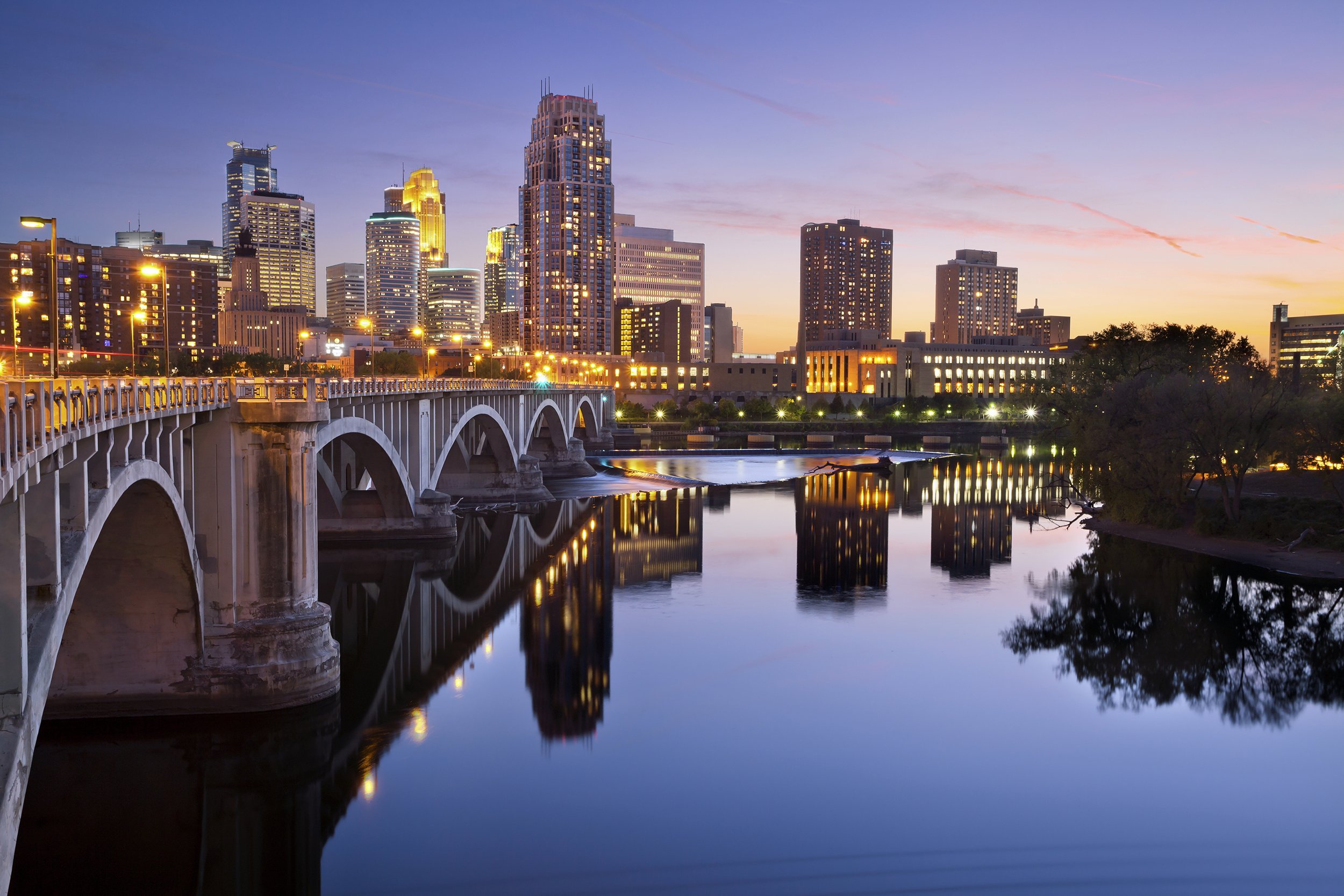 downtown skyline at sunset of Minneapolis
