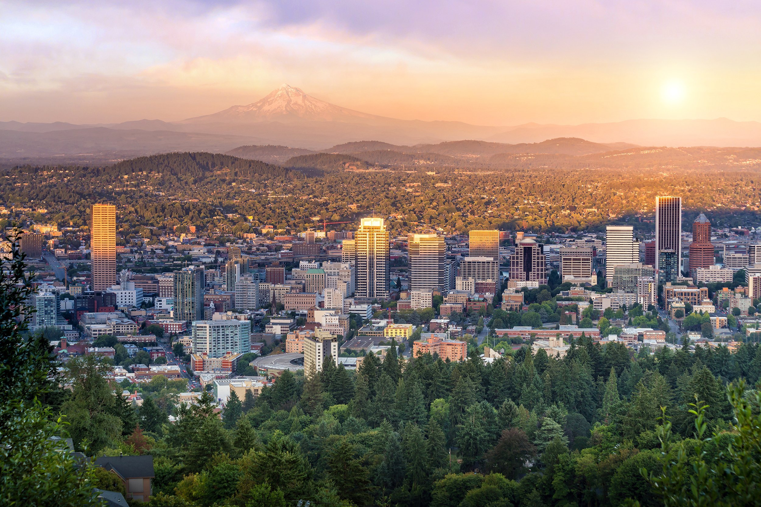 view of mountains and downtown Portland