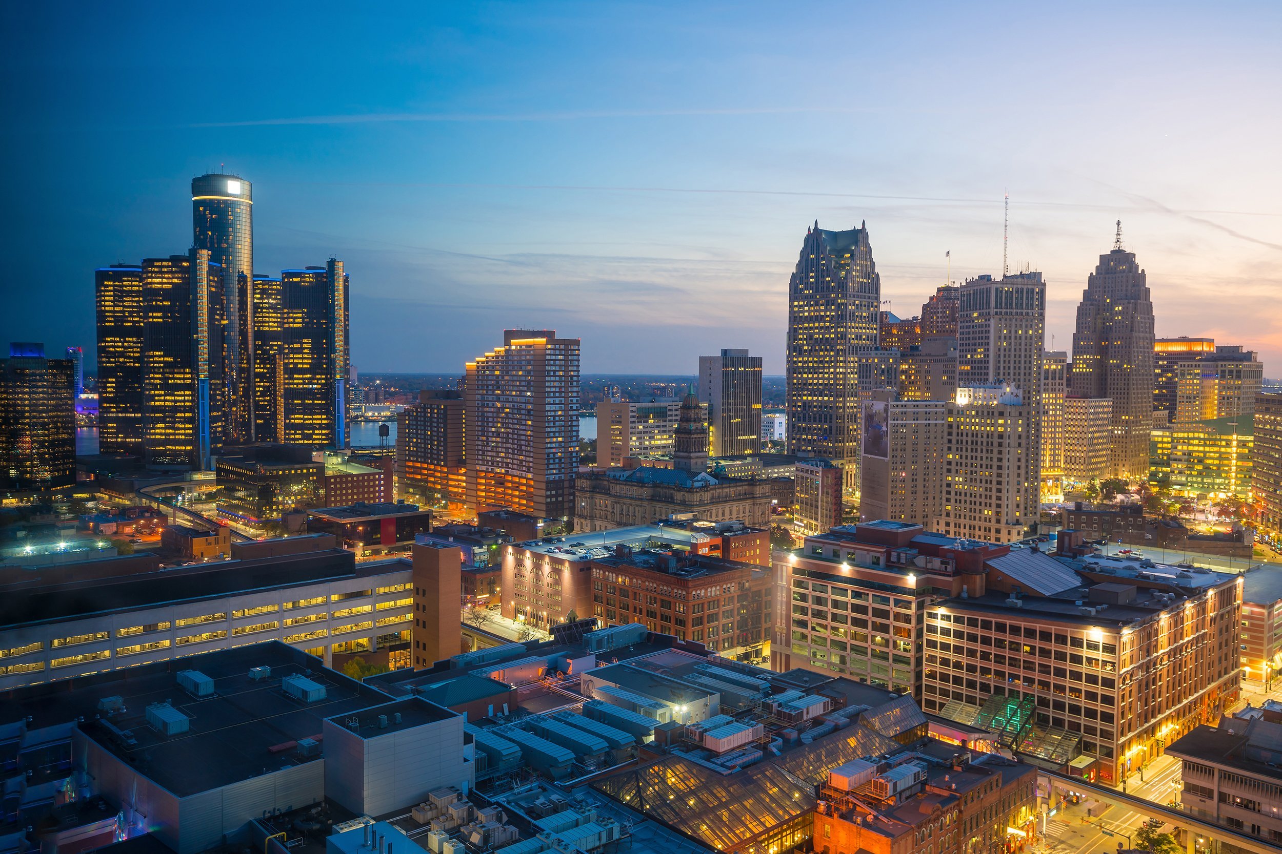 downtown Detroit at twilight