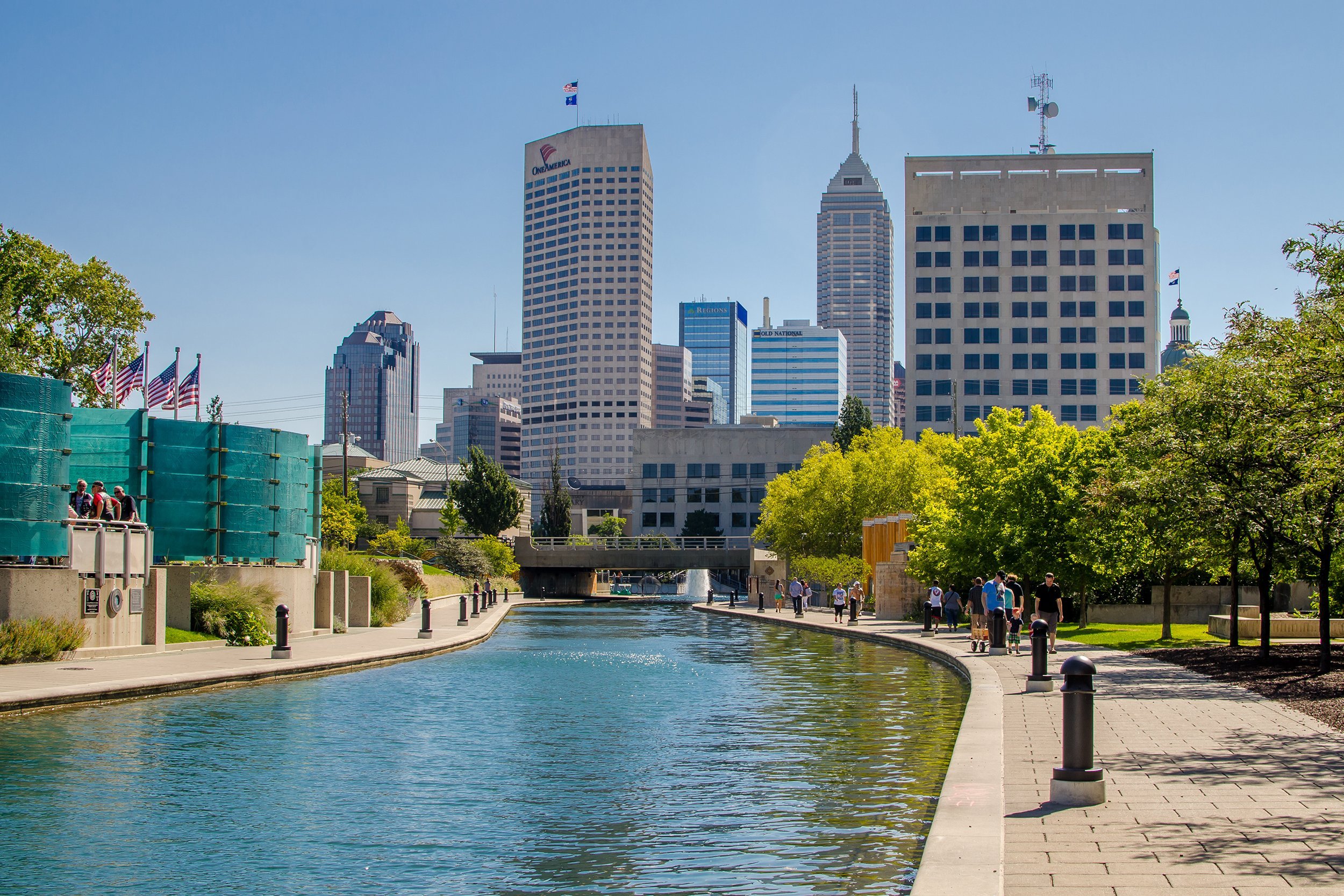 skyline seen from canal walkway of Indianapolis, Indiana