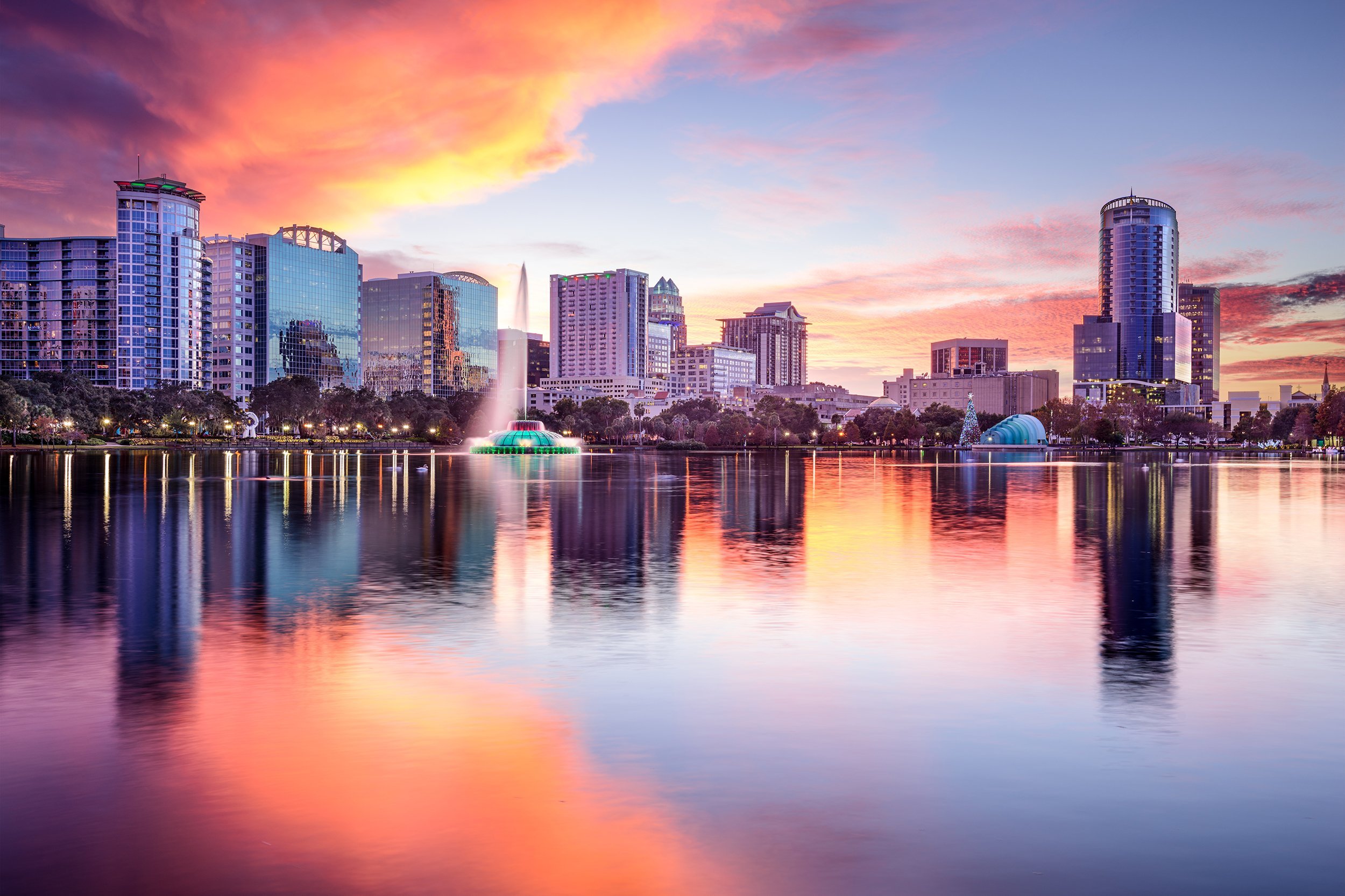 downtown Orlando at sunset