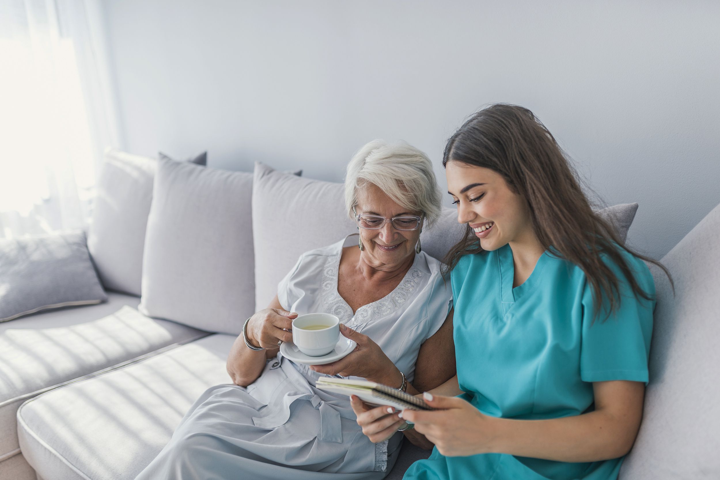 aged elegant woman and tea time at nursing home