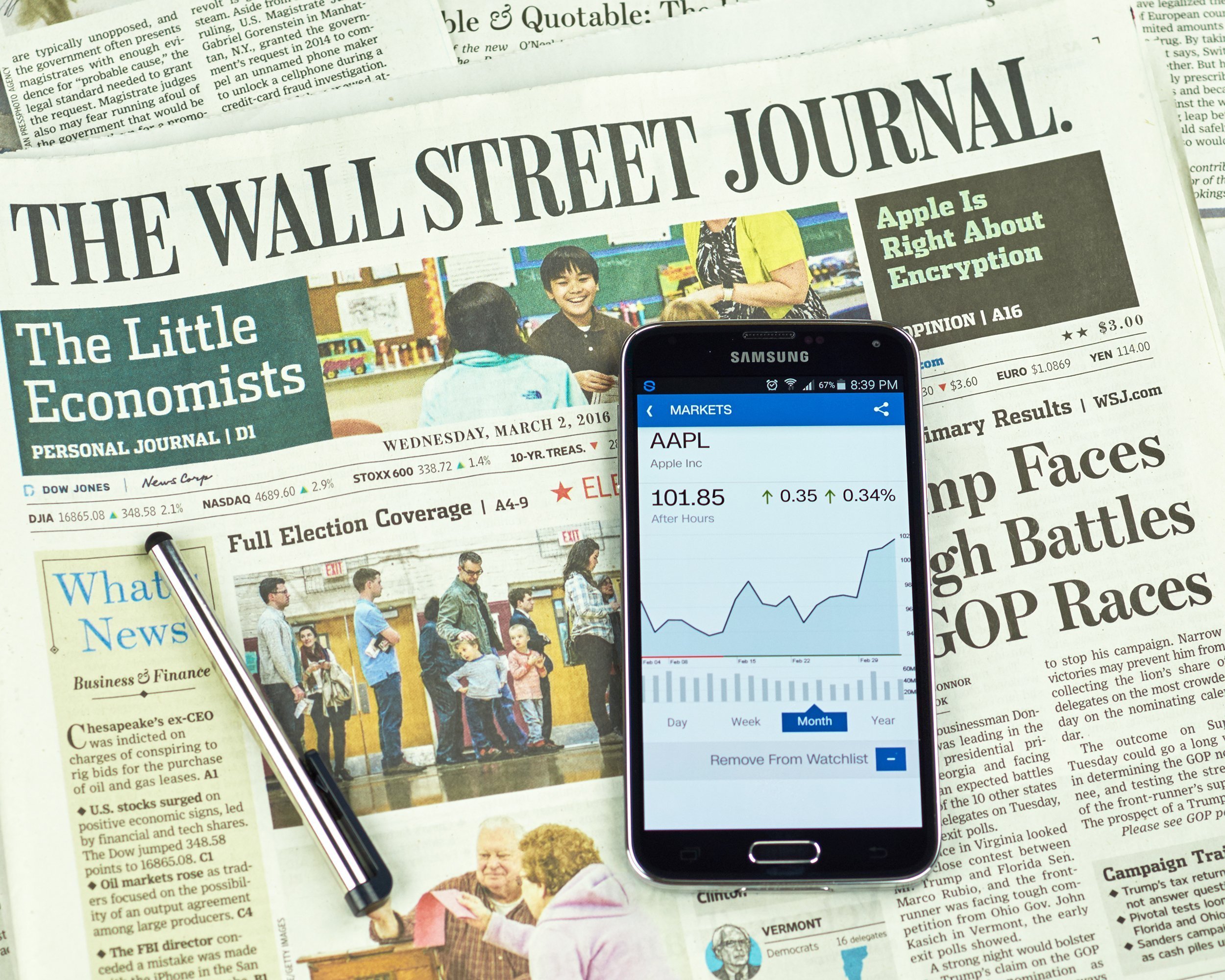 The Wall Street Journal Newspaper with Samsung S5 on it
