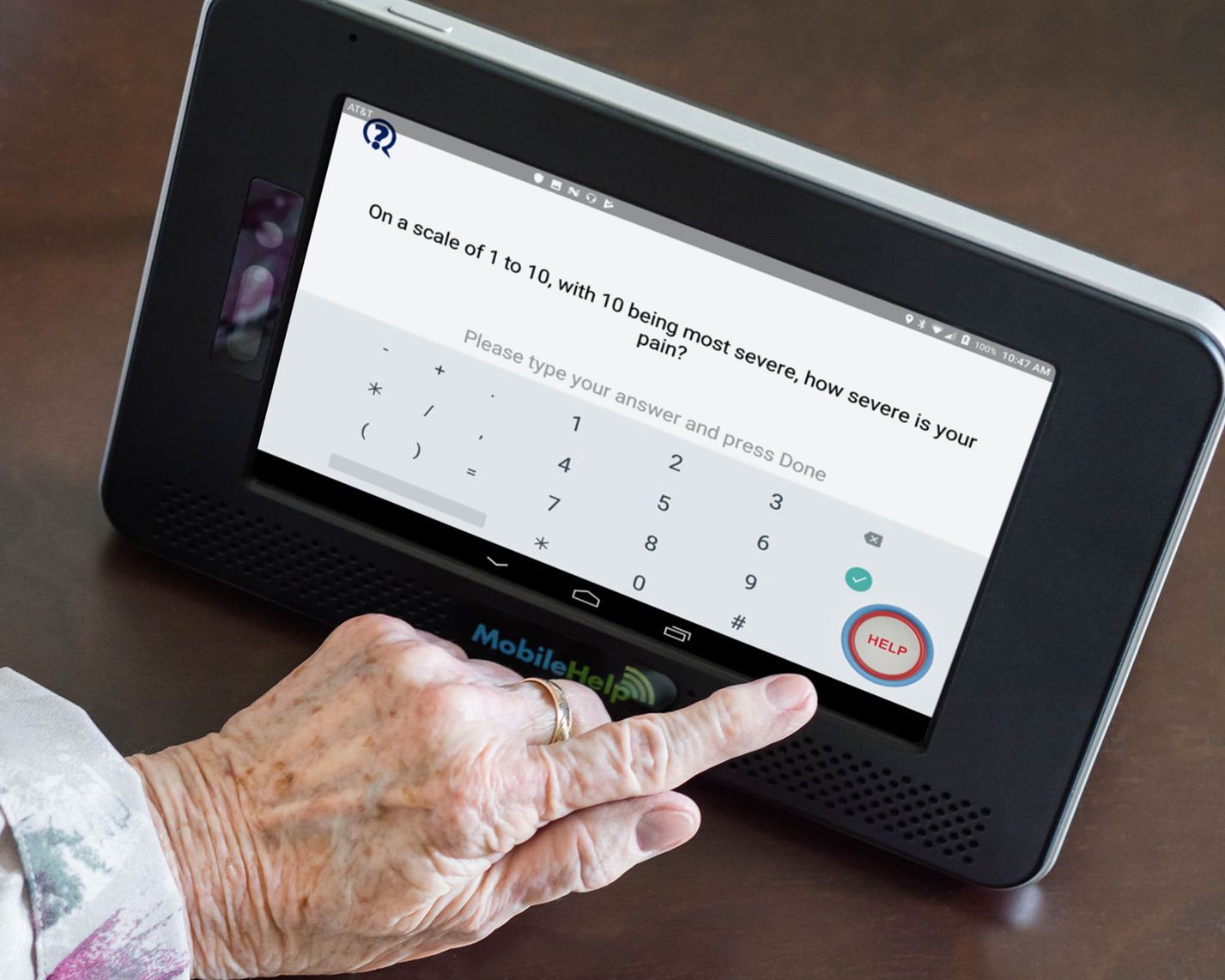 senior hand pressing mobile help tablet screen soliciting help