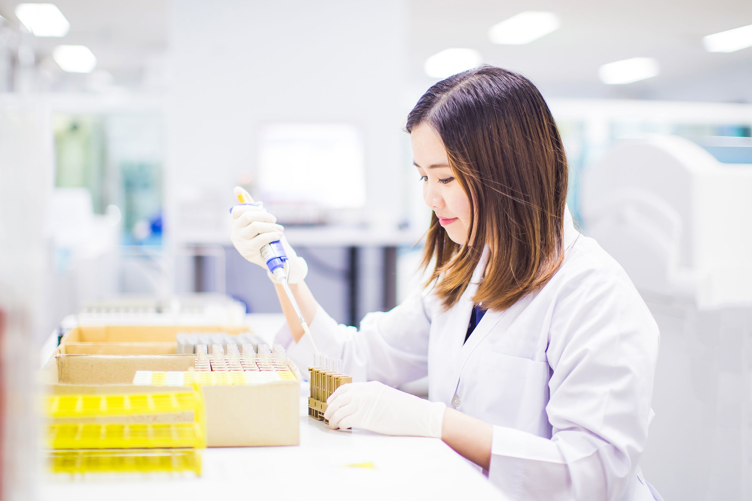 Medical technologist is working with blood tube in the laboratory
