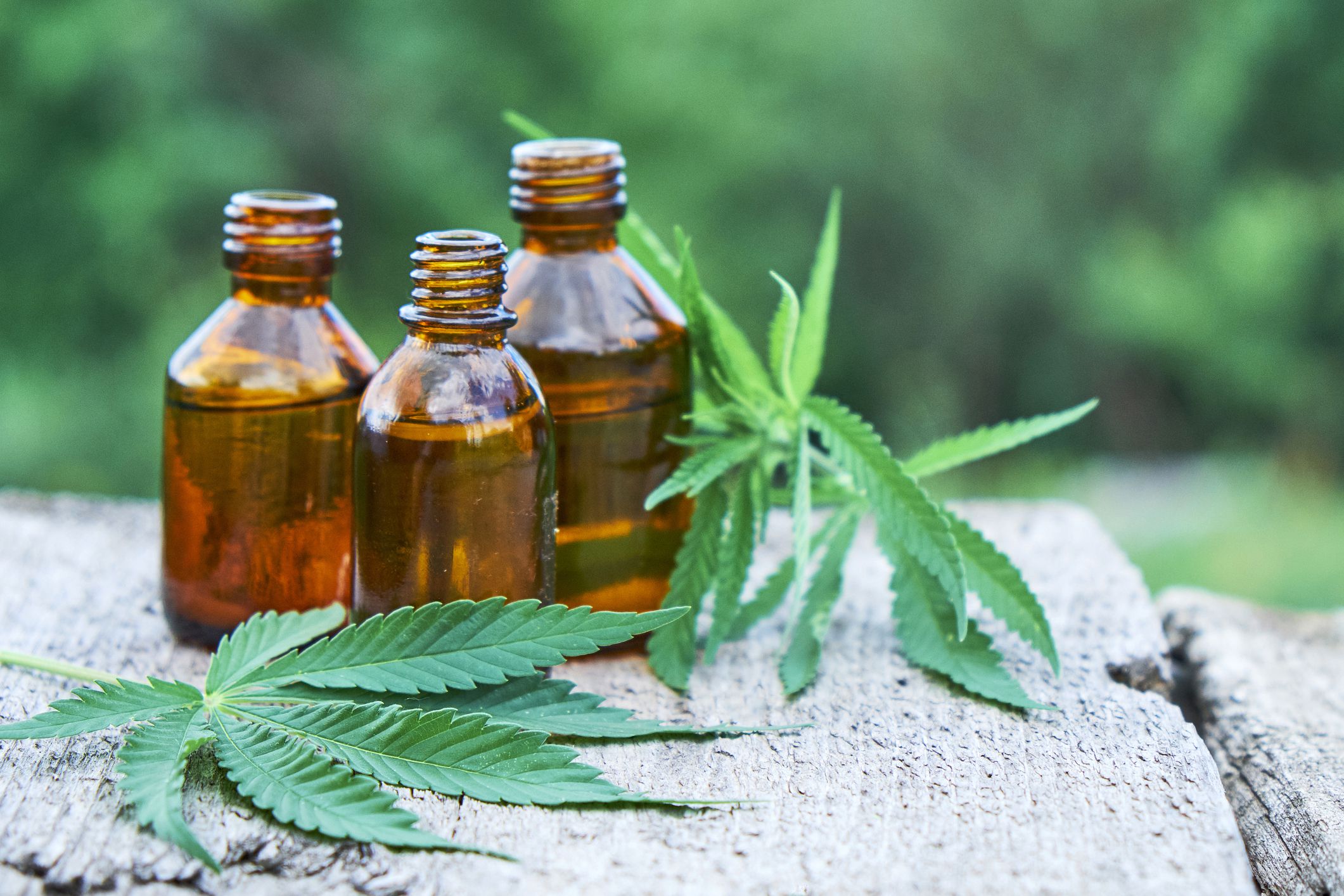 cbd bottles on wooden planks, cannabis leaves in background