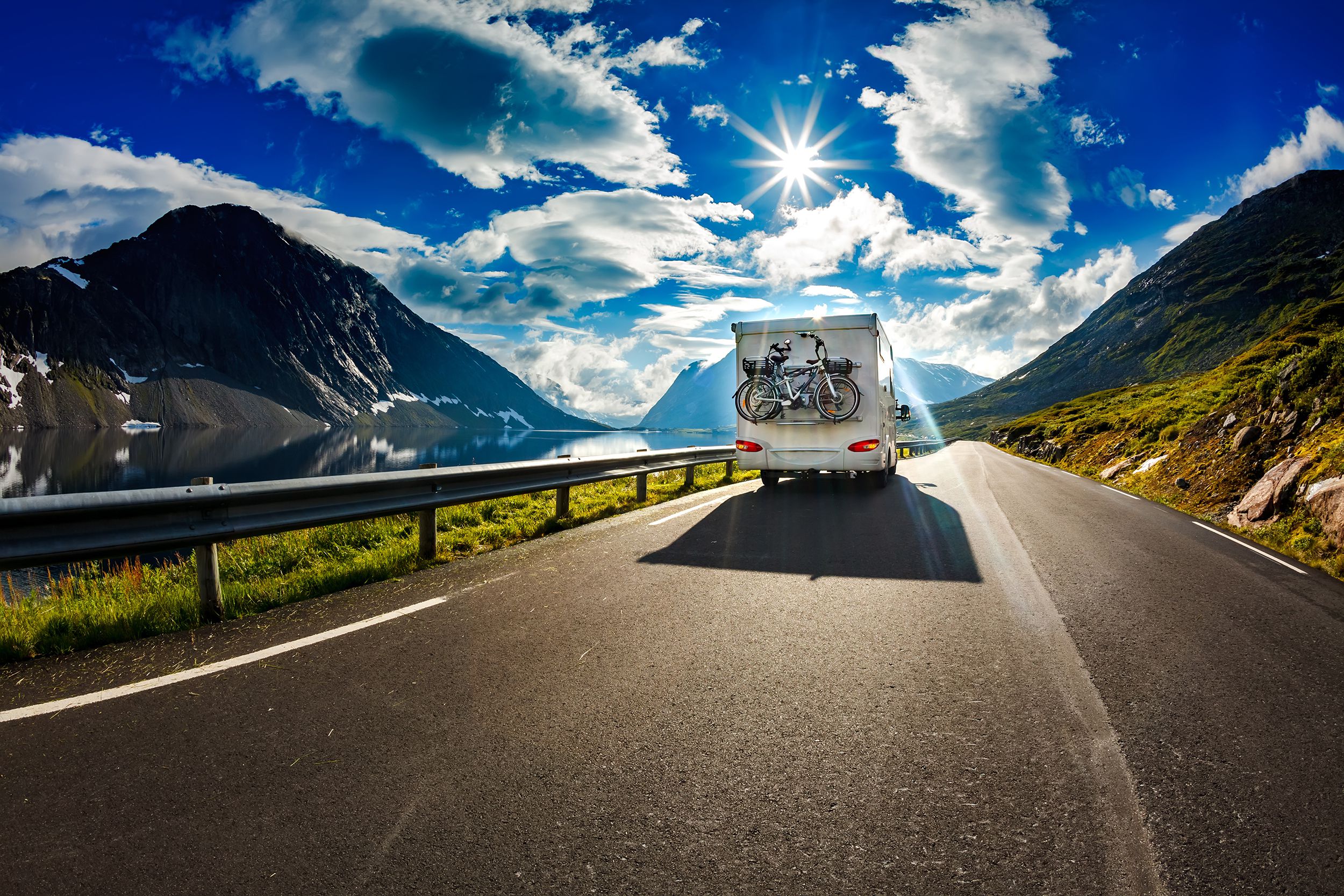 RV travels on the highway