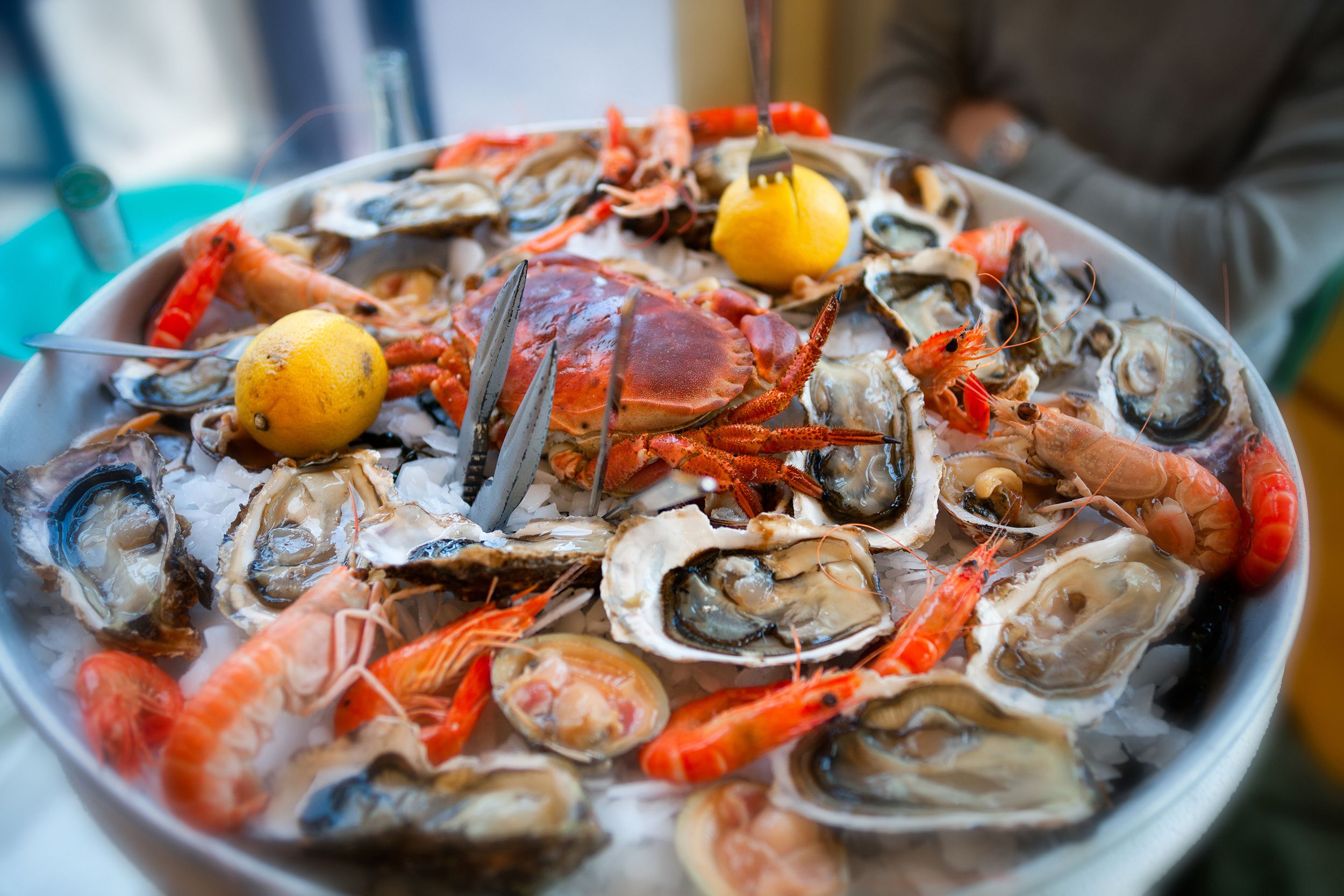 different types of shellfish on silver platter, about to be served