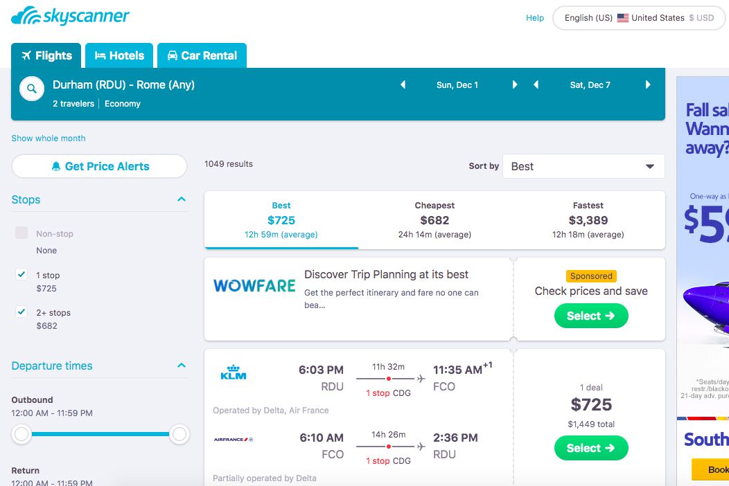 flight search on Skyscanner