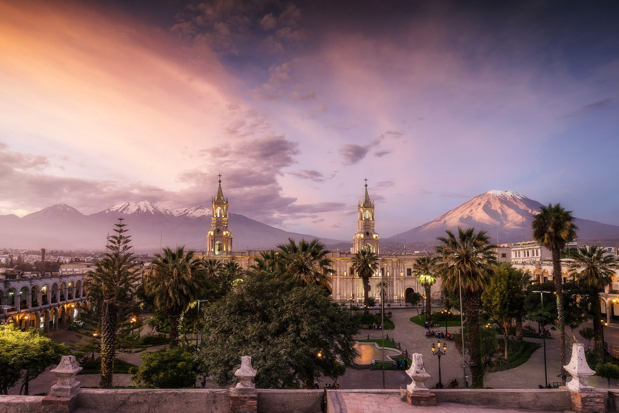 sunset over arequipa at plaza de armas