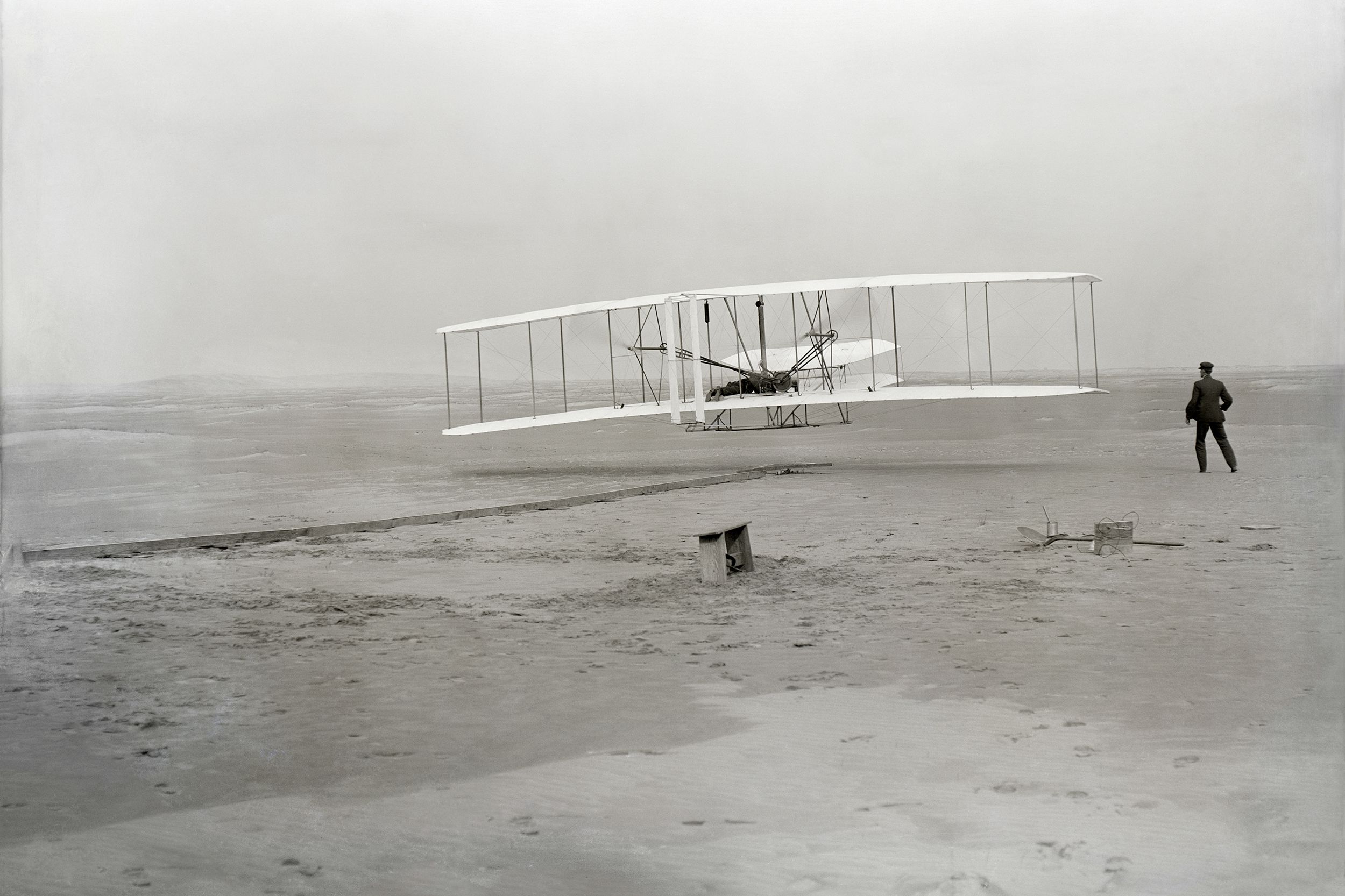 Seconds into the first airplane flight, near Kitty Hawk, North Carolina; December 17, 1903