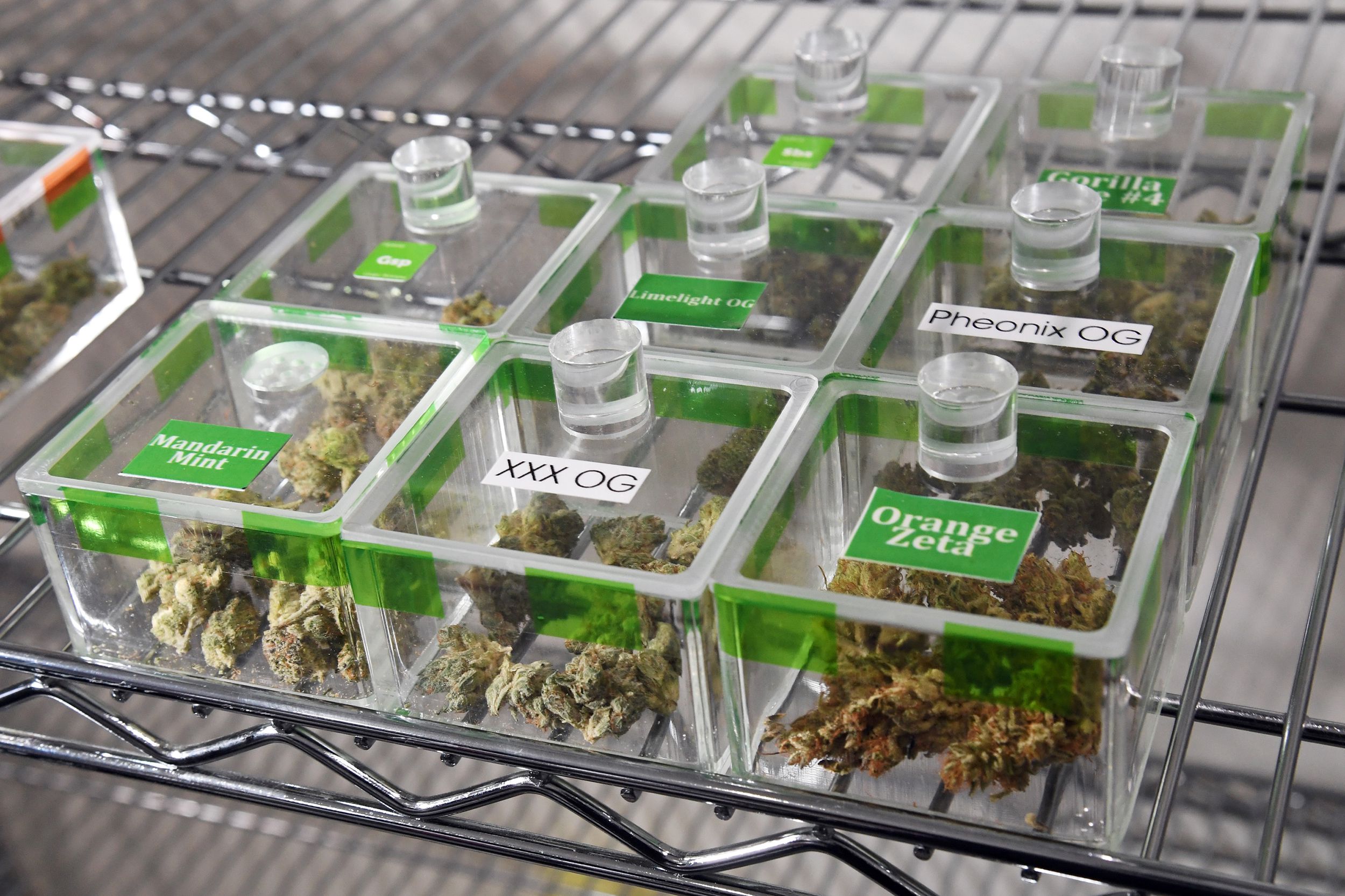 Various types of cannabis are displayed at Essence Vegas Cannabis Dispensary before the midnight start of recreational marijuana sales on June 30, 2017 in Las Vegas, Nevada.