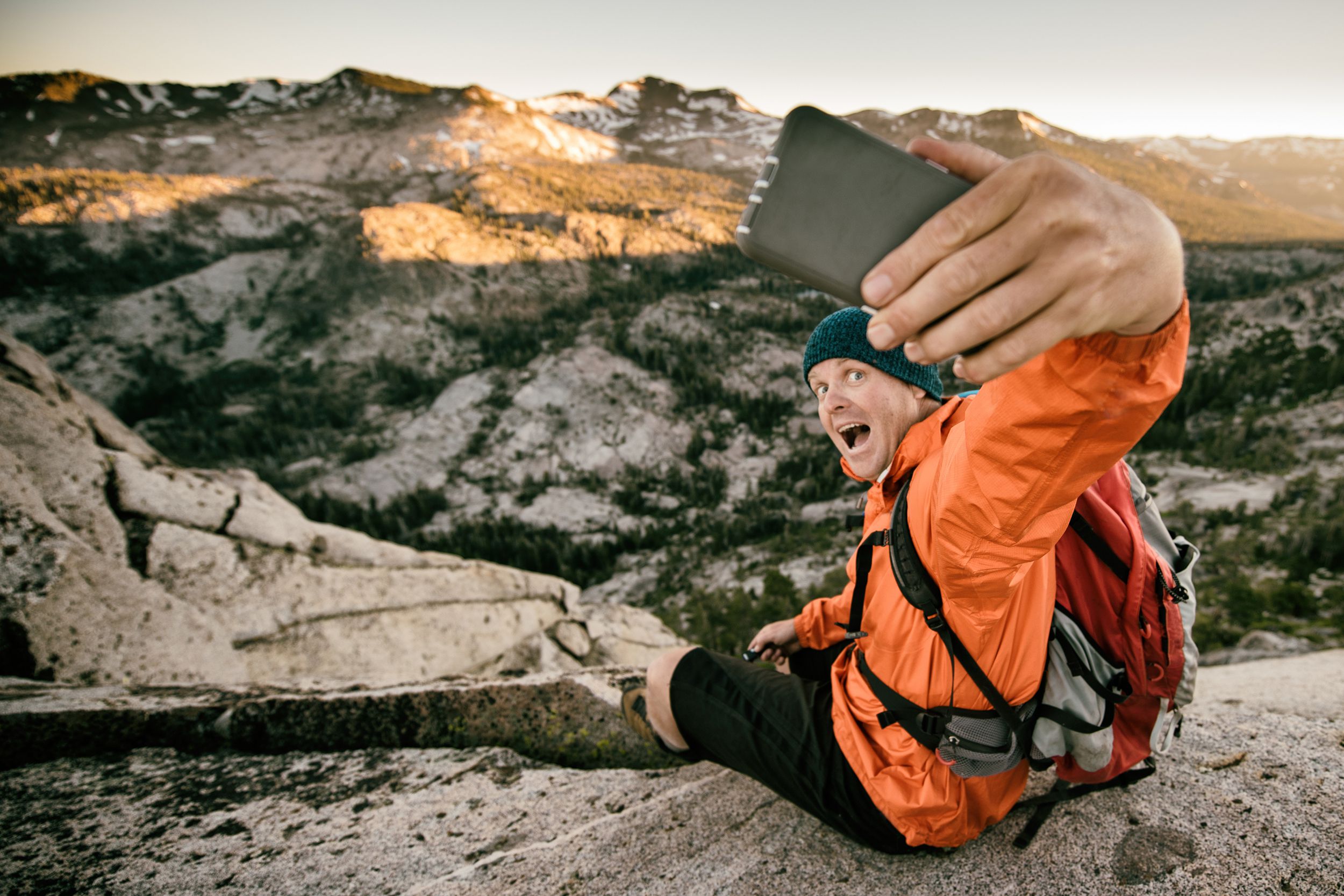 man taking selfie in backcountry, Lake Tahoe, California