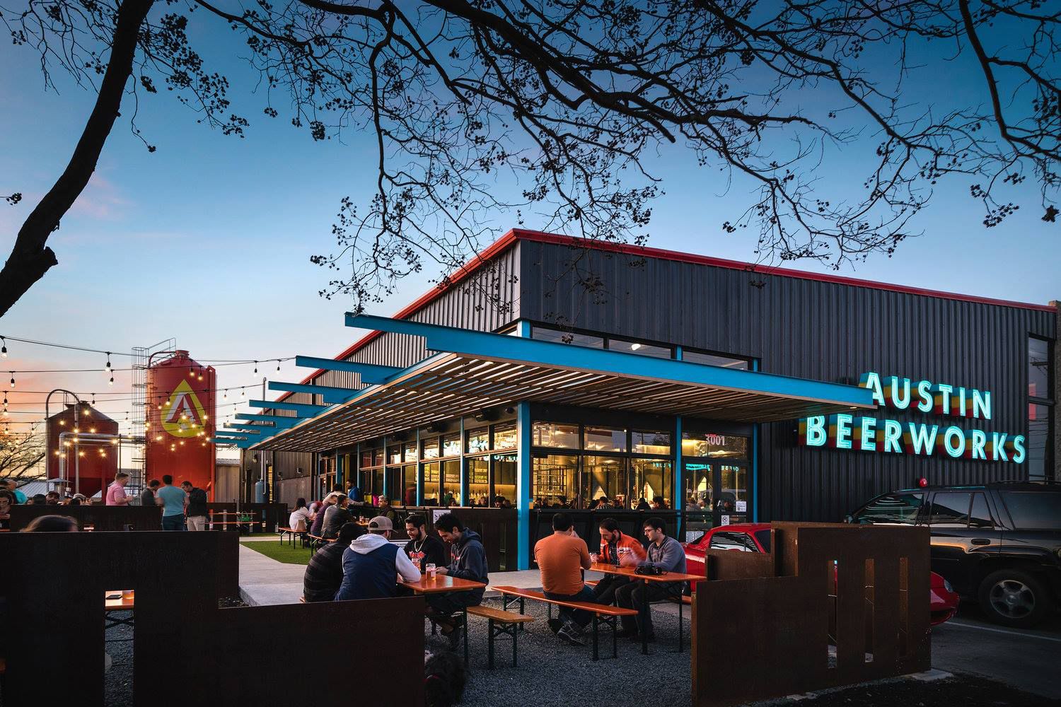 austin beerworks outdoor patio at evening