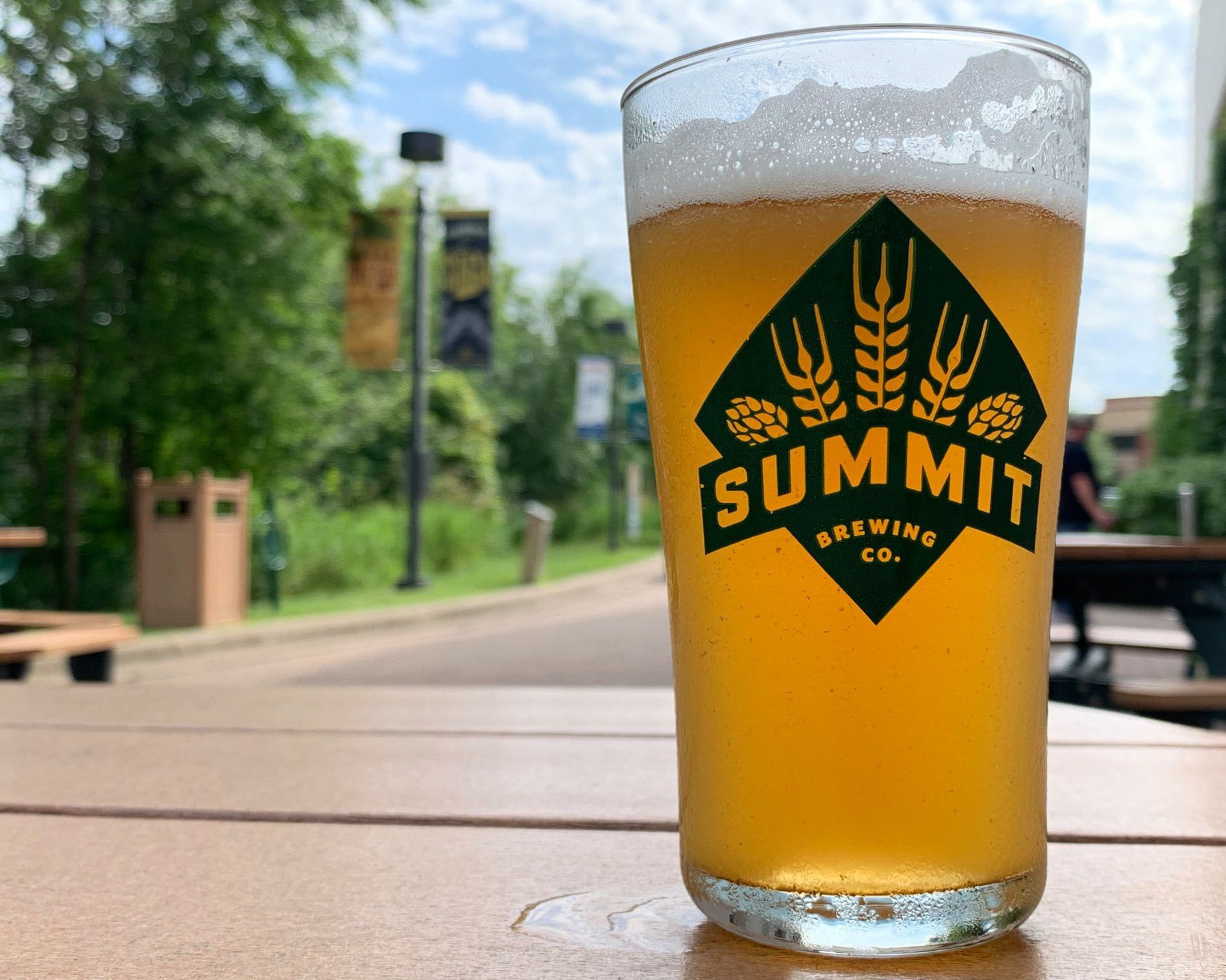 glass of summit brewing company beer on picnic table