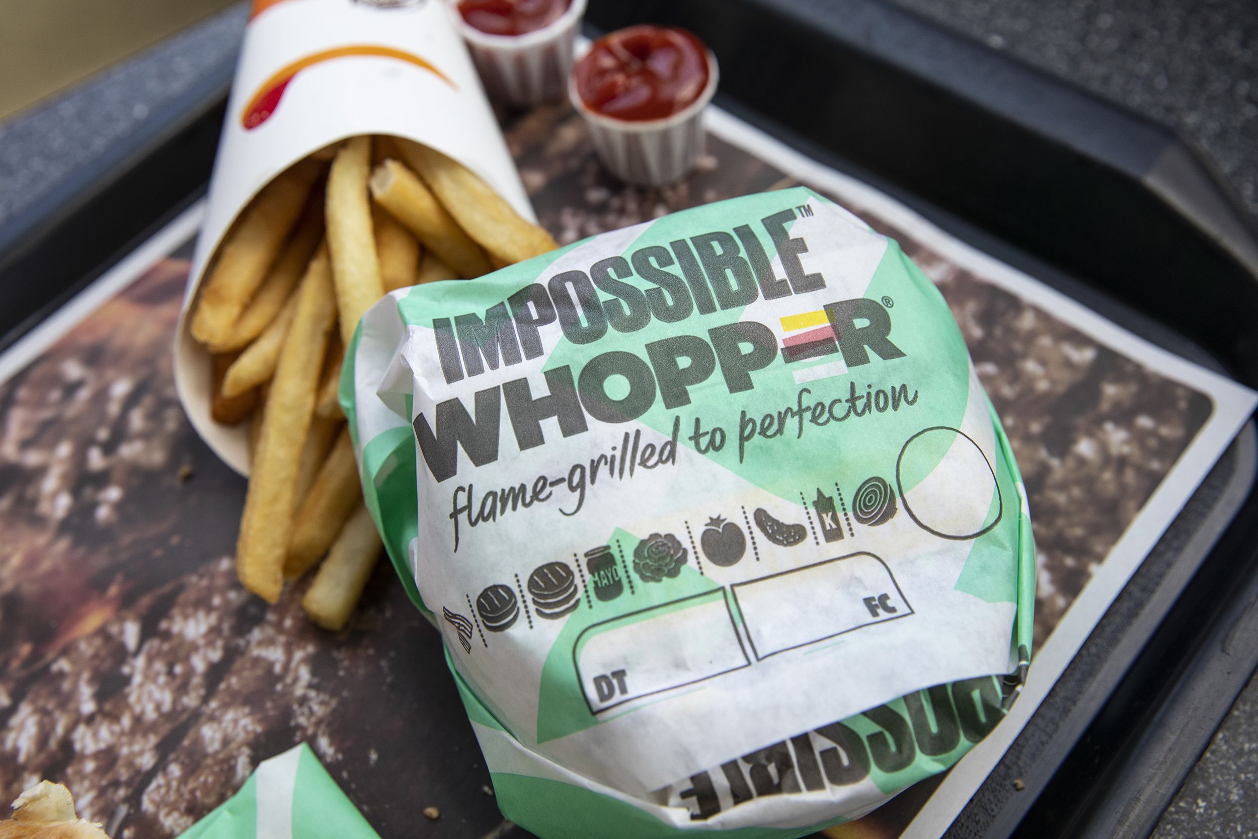 The new Impossible Whopper sits on a table at a Burger King restaurant on August 8, 2019 in the Brooklyn borough of New York City.