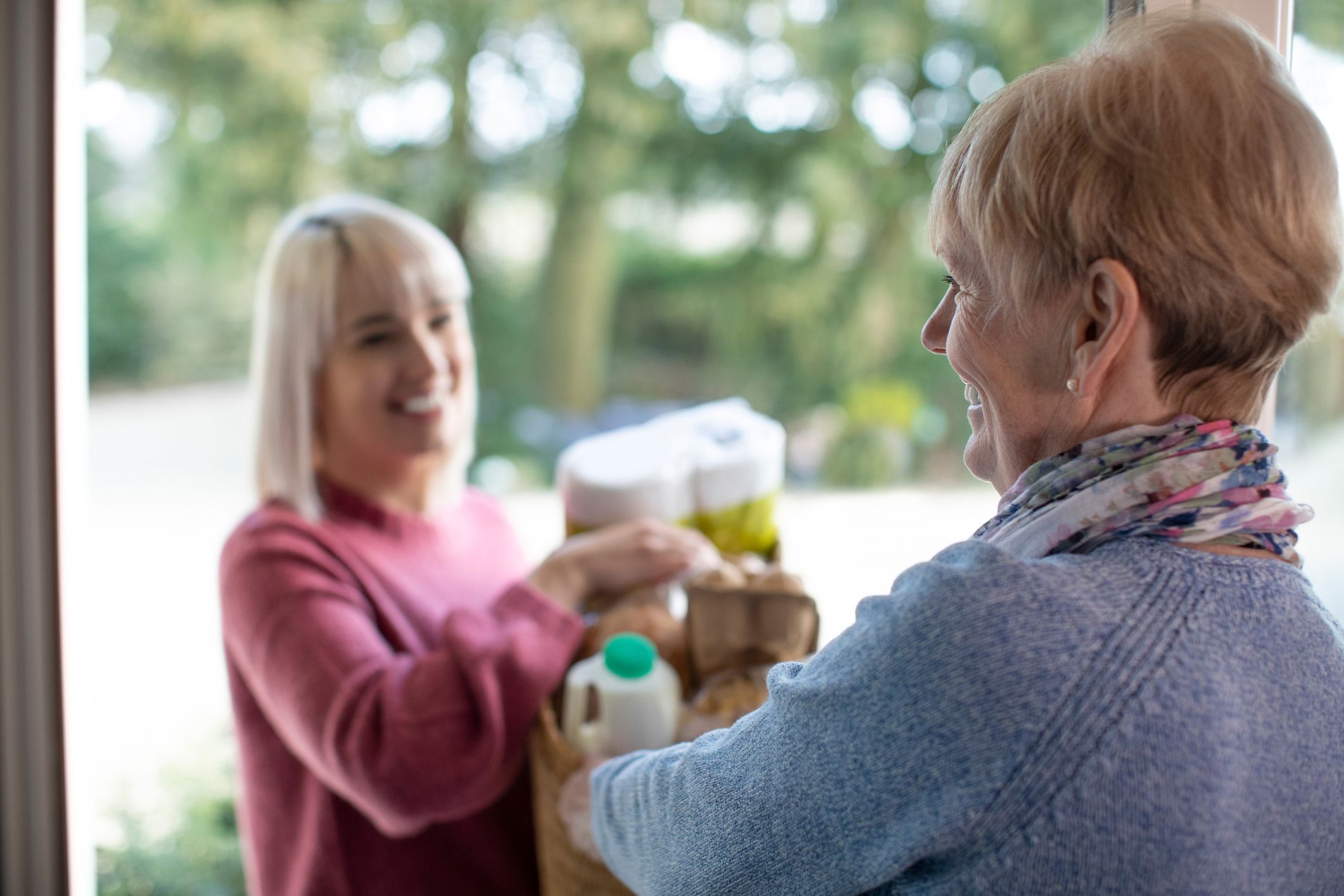 young woman delivering groceries to home