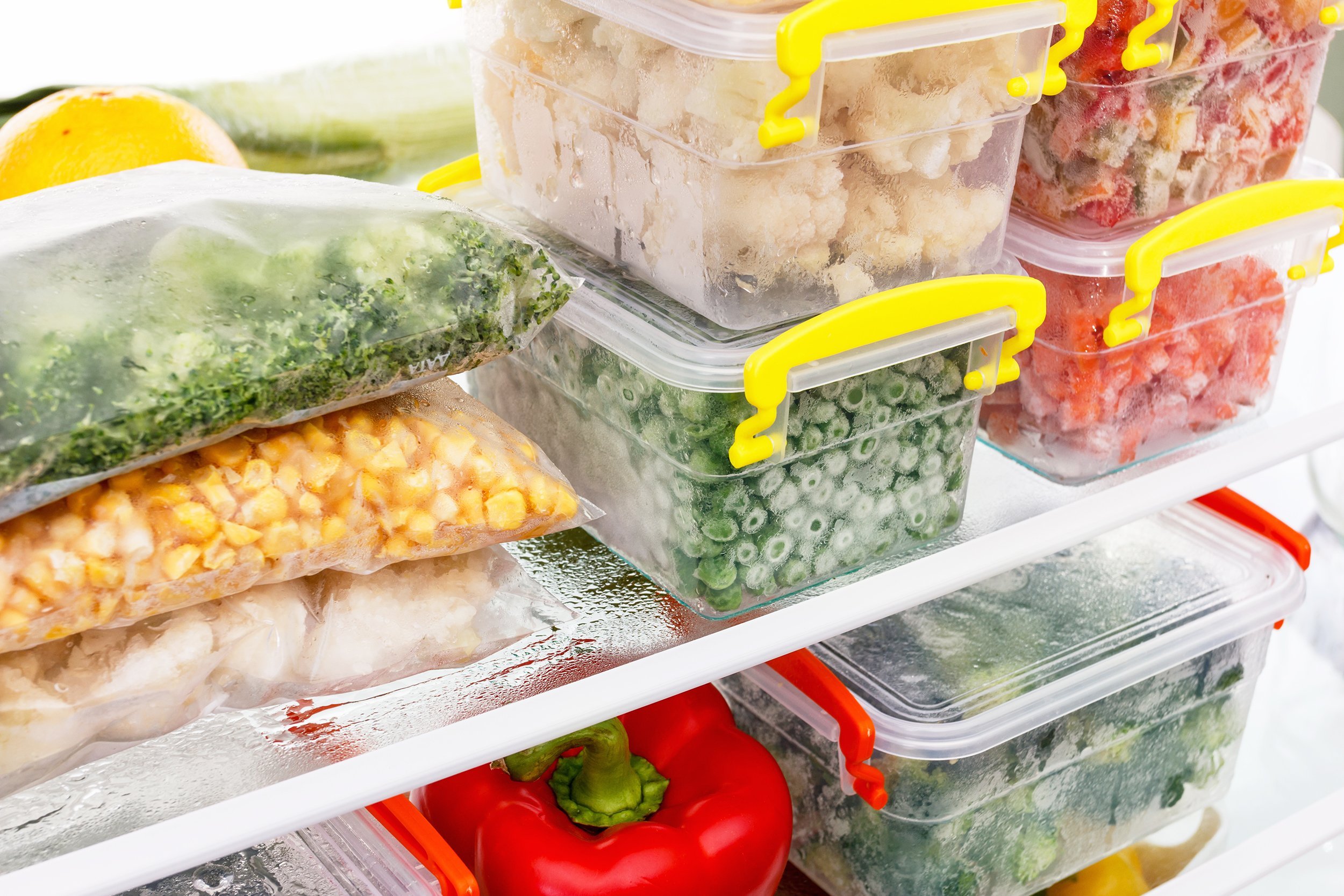 frozen food in storage containers in the refrigerator