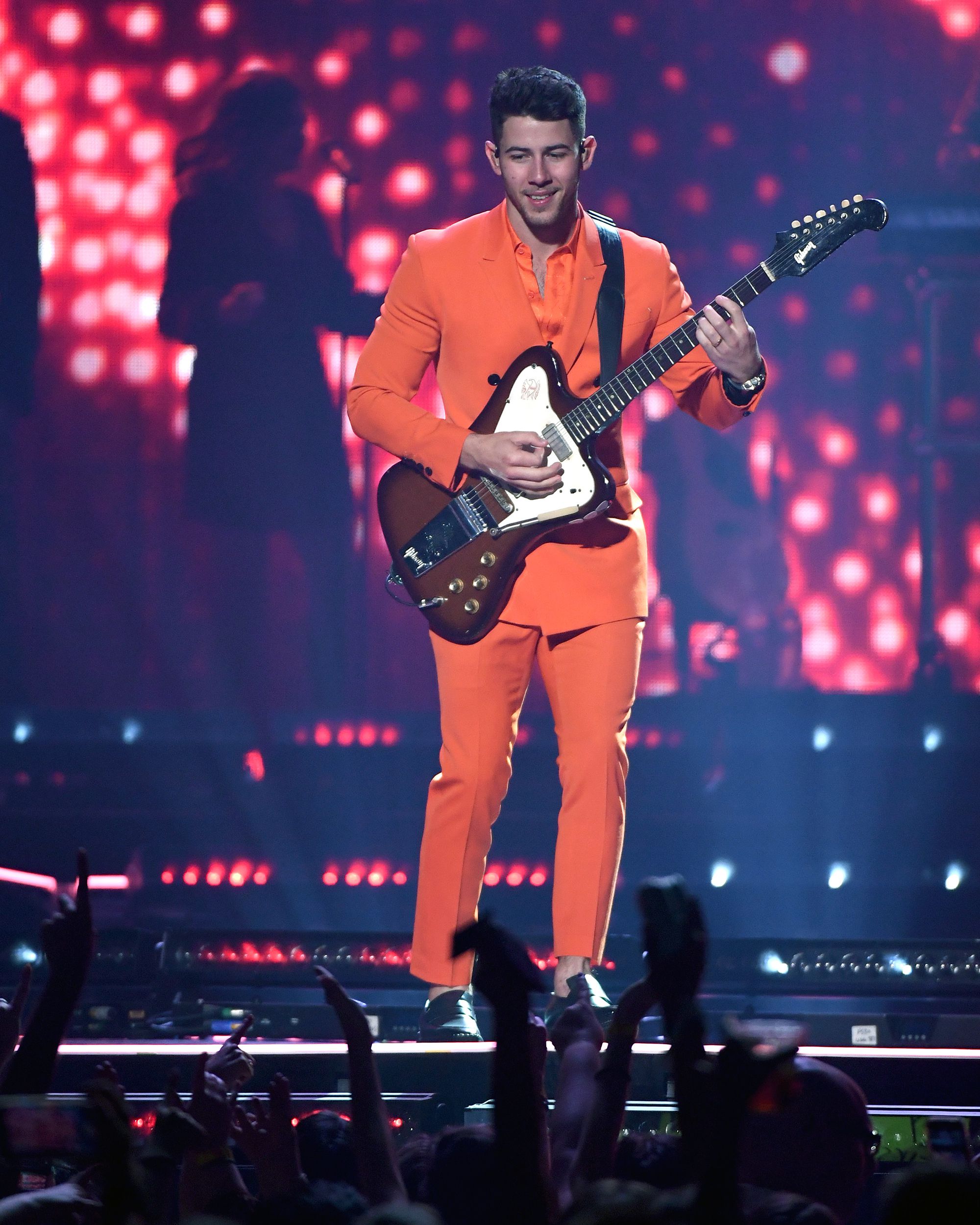 Recording artist Nick Jonas of Jonas Brothers performs during a stop of the group's Happiness Begins Tour at MGM Grand Garden Arena on October 18, 2019 in Las Vegas, Nevada.