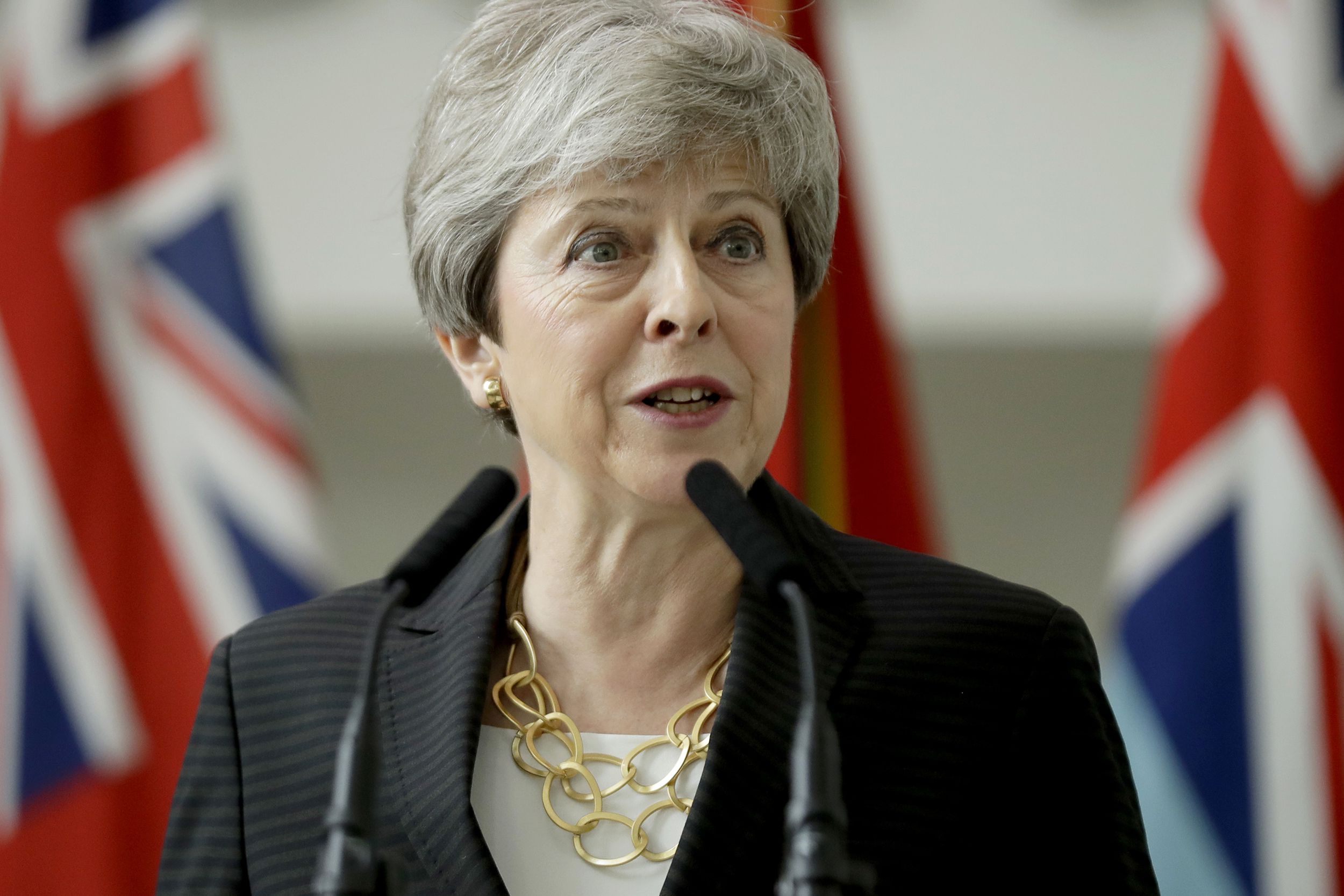 Britain's outgoing Prime Minister Theresa May delivers a speech at headquarters of Joint Forces Command on July 8, 2019 in Northwood, north west London.