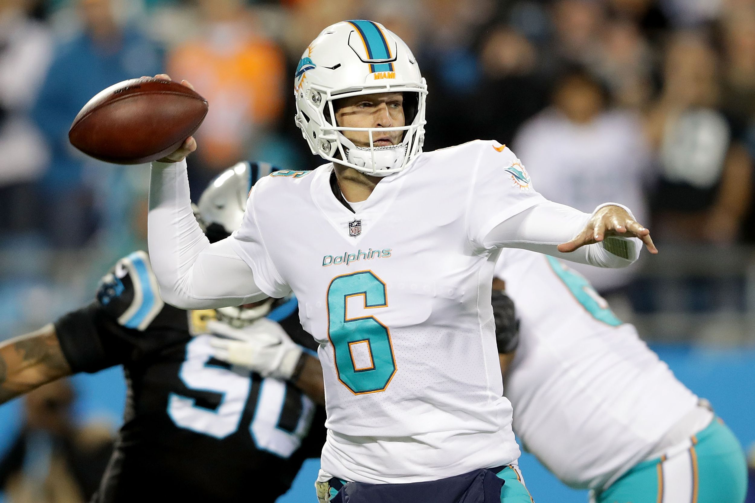 Jay Cutler #6 of the Miami Dolphins drops back to pass against the Carolina Panthers during their game at Bank of America Stadium on November 13, 2017 in Charlotte, North Carolina.