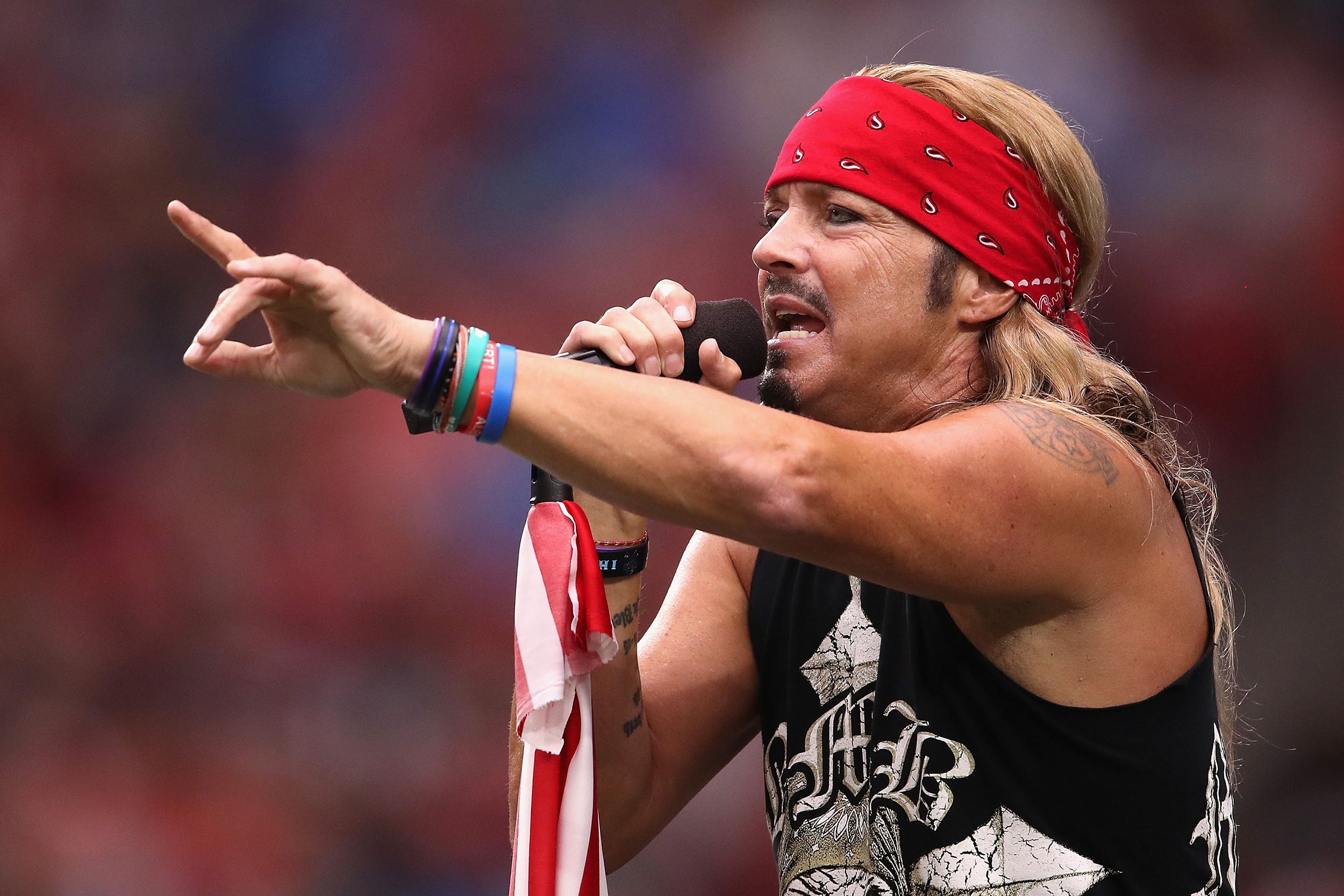 Musician Bret Michaels performs during a half-time show at the NFL game between the Arizona Cardinals # of the Arizona Cardinals and the Detroit Lions # of the Detroit Lions at State Farm Stadium on September 08, 2019 in Glendale, Arizona.