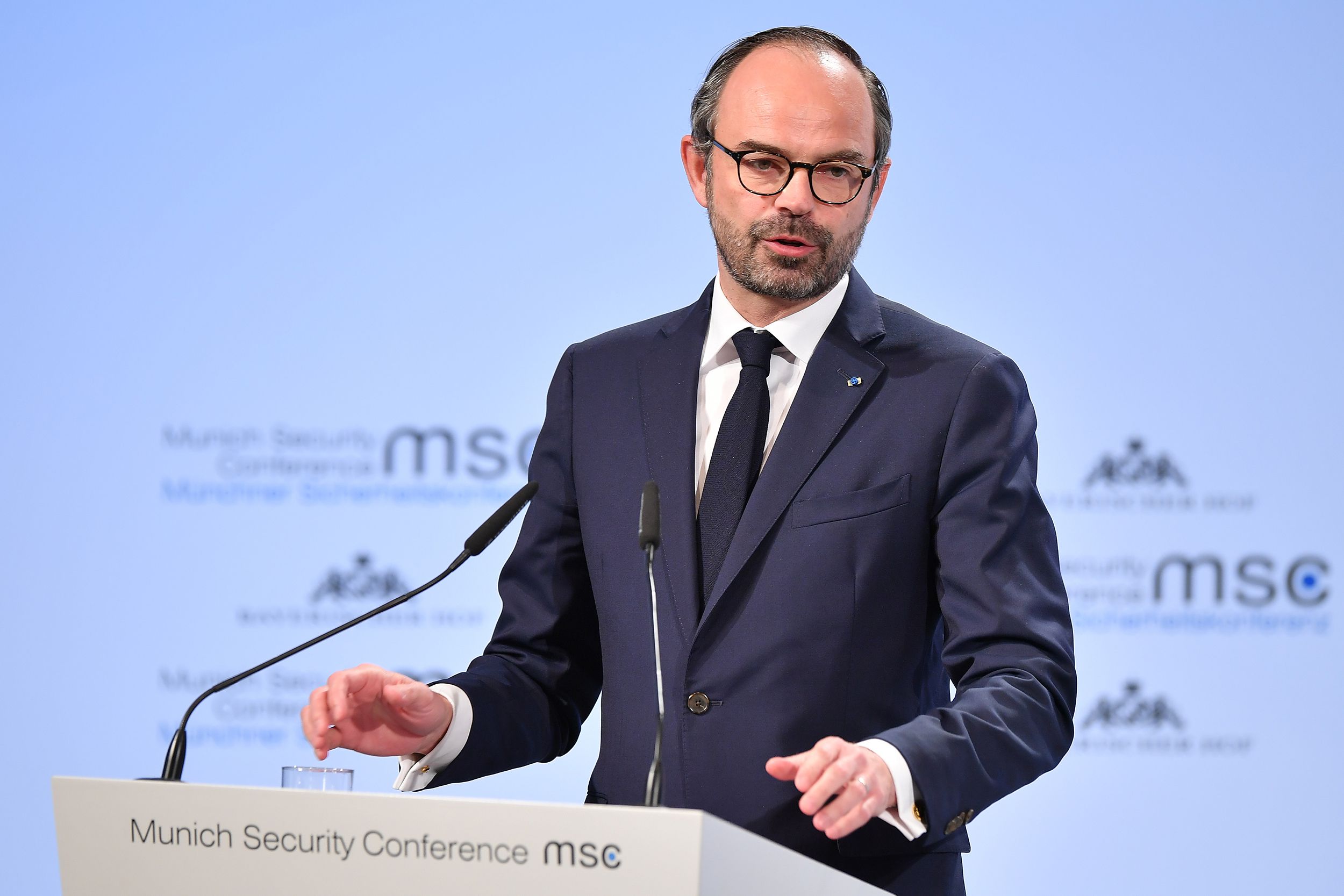 Edouard Philippe, Prime Ministers of France delivers a speech at the 2018 Munich Security Conference on February 17, 2018 in Munich, Germany.