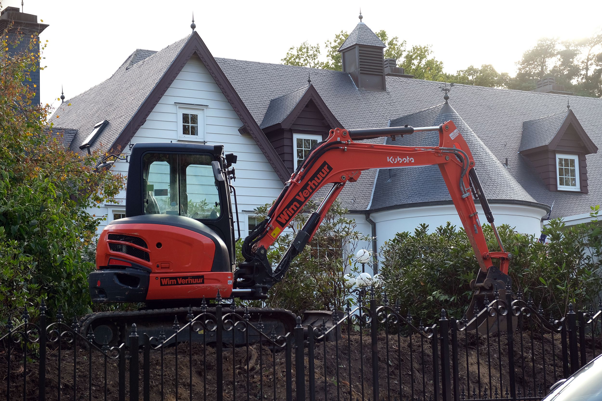 A small excavator is seen in the garden area of the residence of the U.S. ambassador to the European Union, Gordon Sondland, on On October 18, 2019 in Brussels, Belgium.