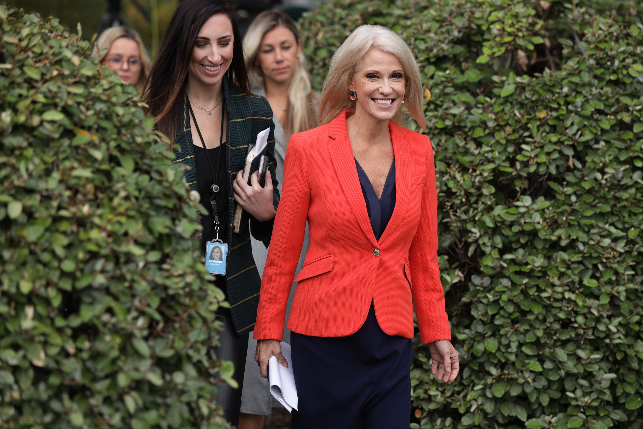 White House senior counselor Kellyanne Conway approaches members of the media outside the West Wing of the White House October 25, 2019 in Washington, DC. Conway took questions from journalists after a TV interview.