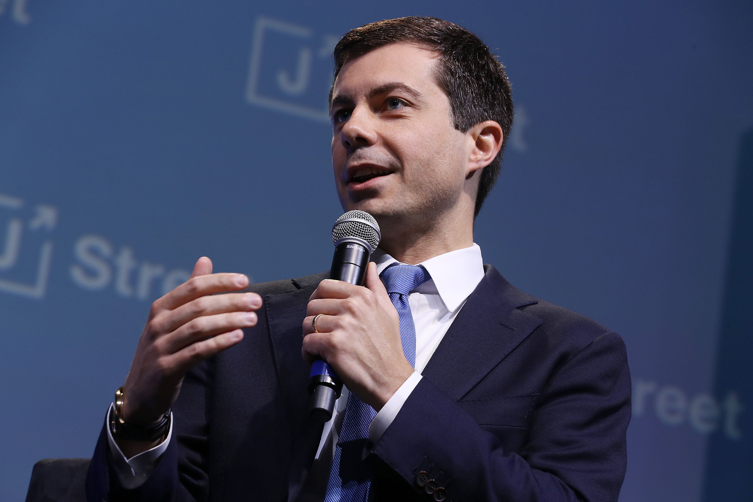 Democratic presidential candidate and South Bend, Indiana Mayor Pete Buttigieg sits down for an interview during the J Street National Conference at the Walter E. Washington Convention Center October 28, 2019 in Washington, DC.