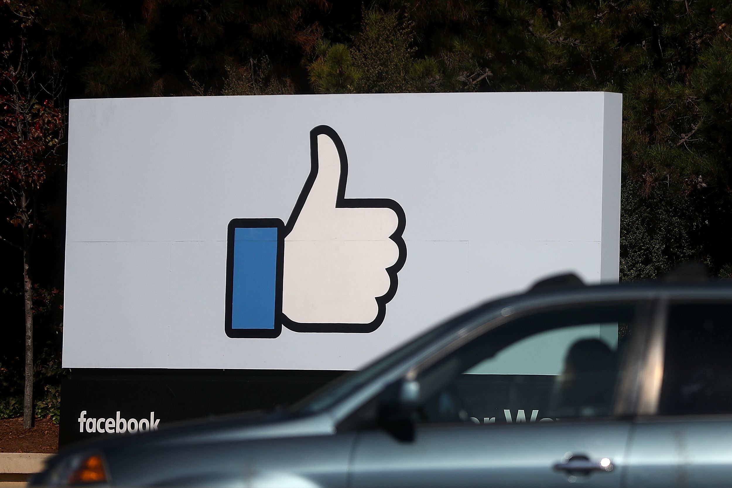 A sign is posted in front of Facebook headquarters on November 1, 2017 in Menlo Park, California.