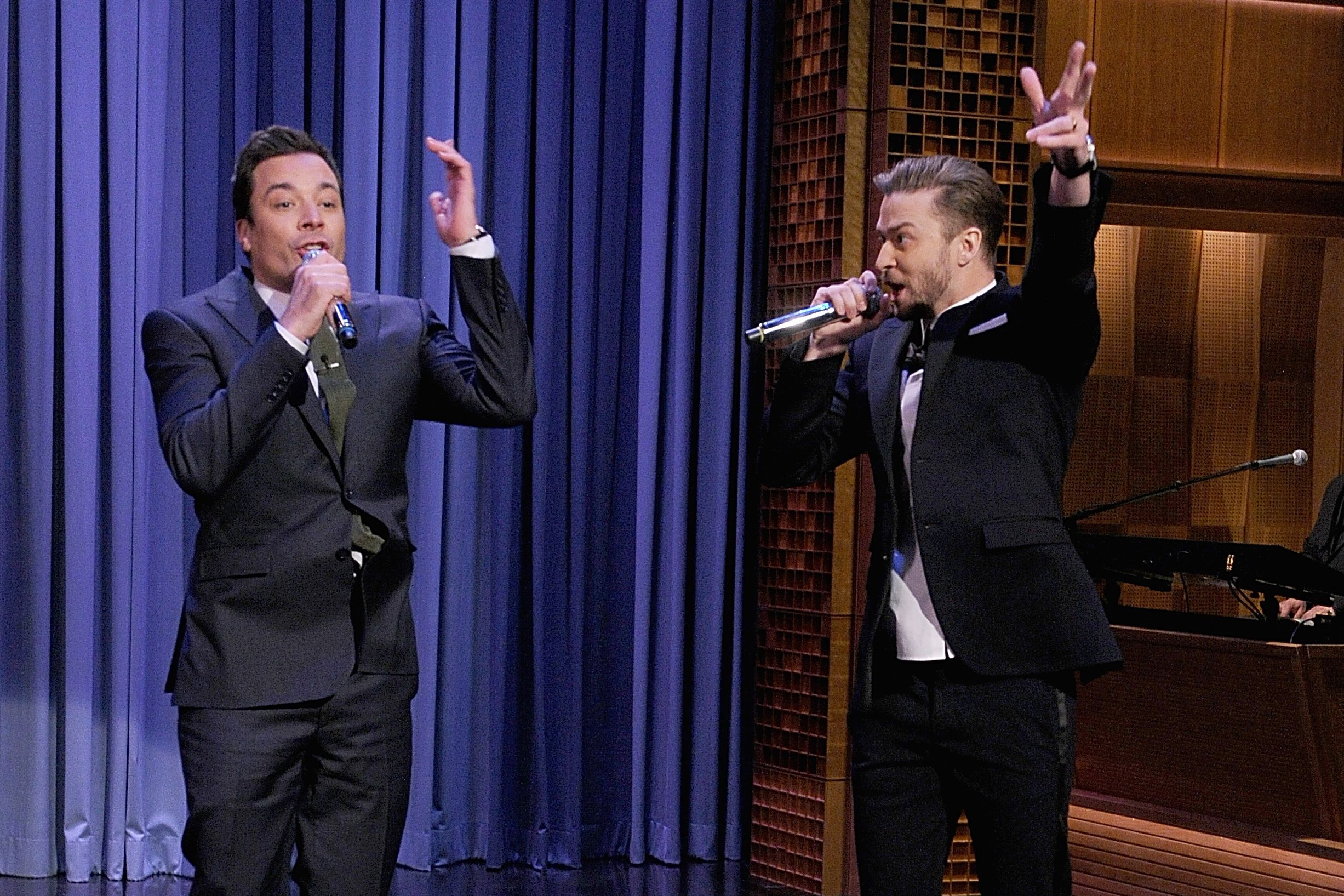 Host Jimmy Fallon and actor/musician Justin Timberlake during the 