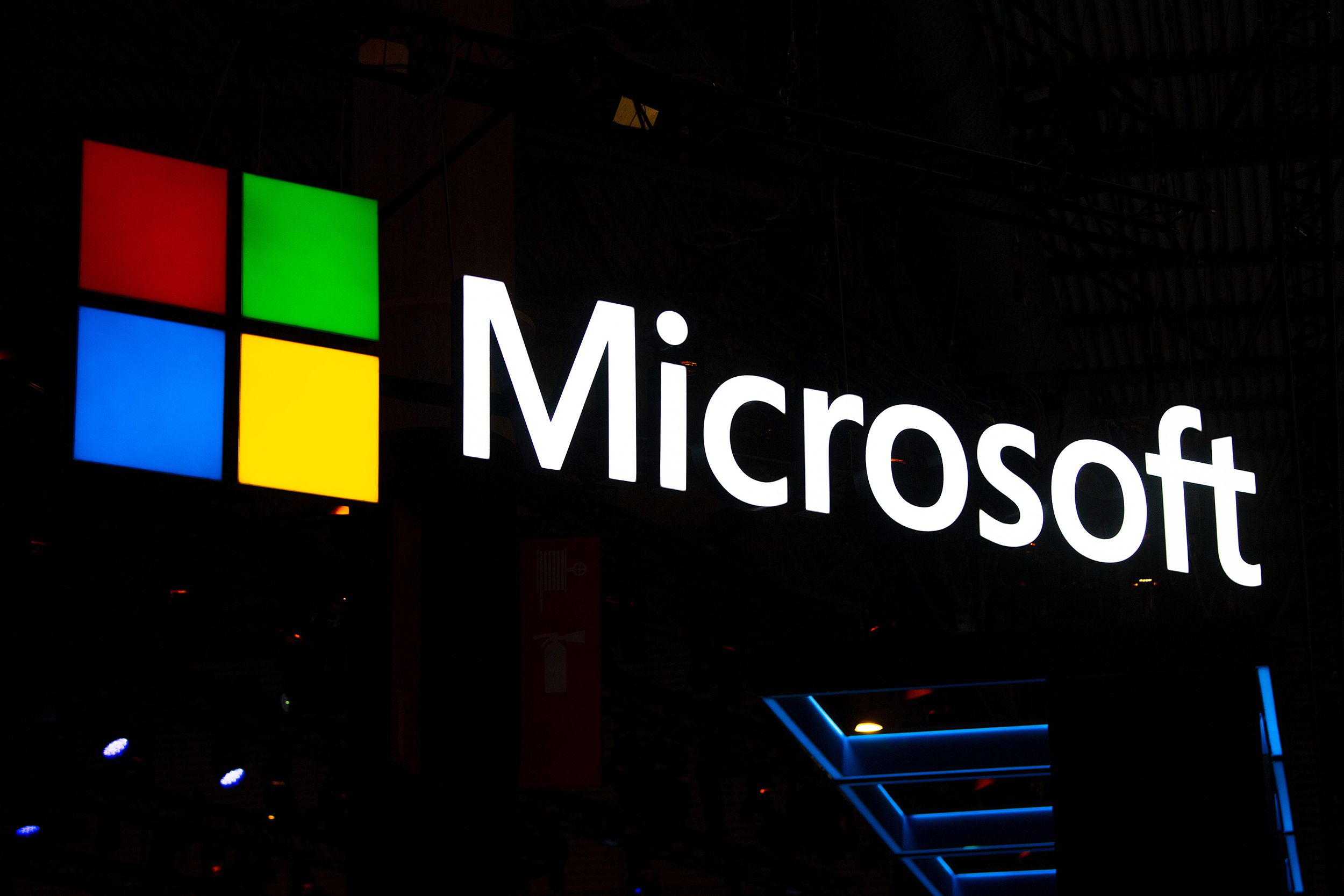A logo sits illumintated outside the Microsoft booth on day 2 of the GSMA Mobile World Congress 2019 on February 26, 2019 in Barcelona, Spain.