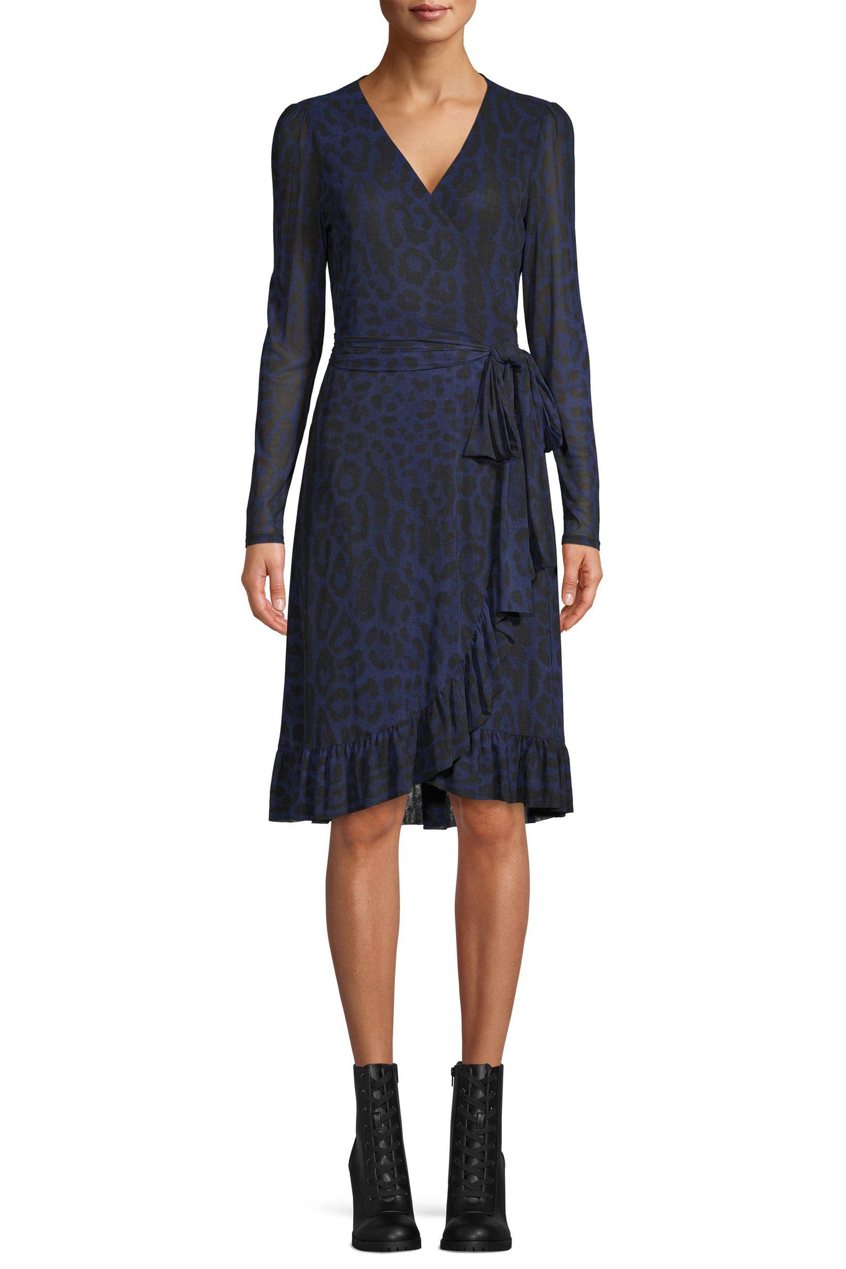 Women’s Scoop Printed Mesh Blouson Sleeve Wrap Dress