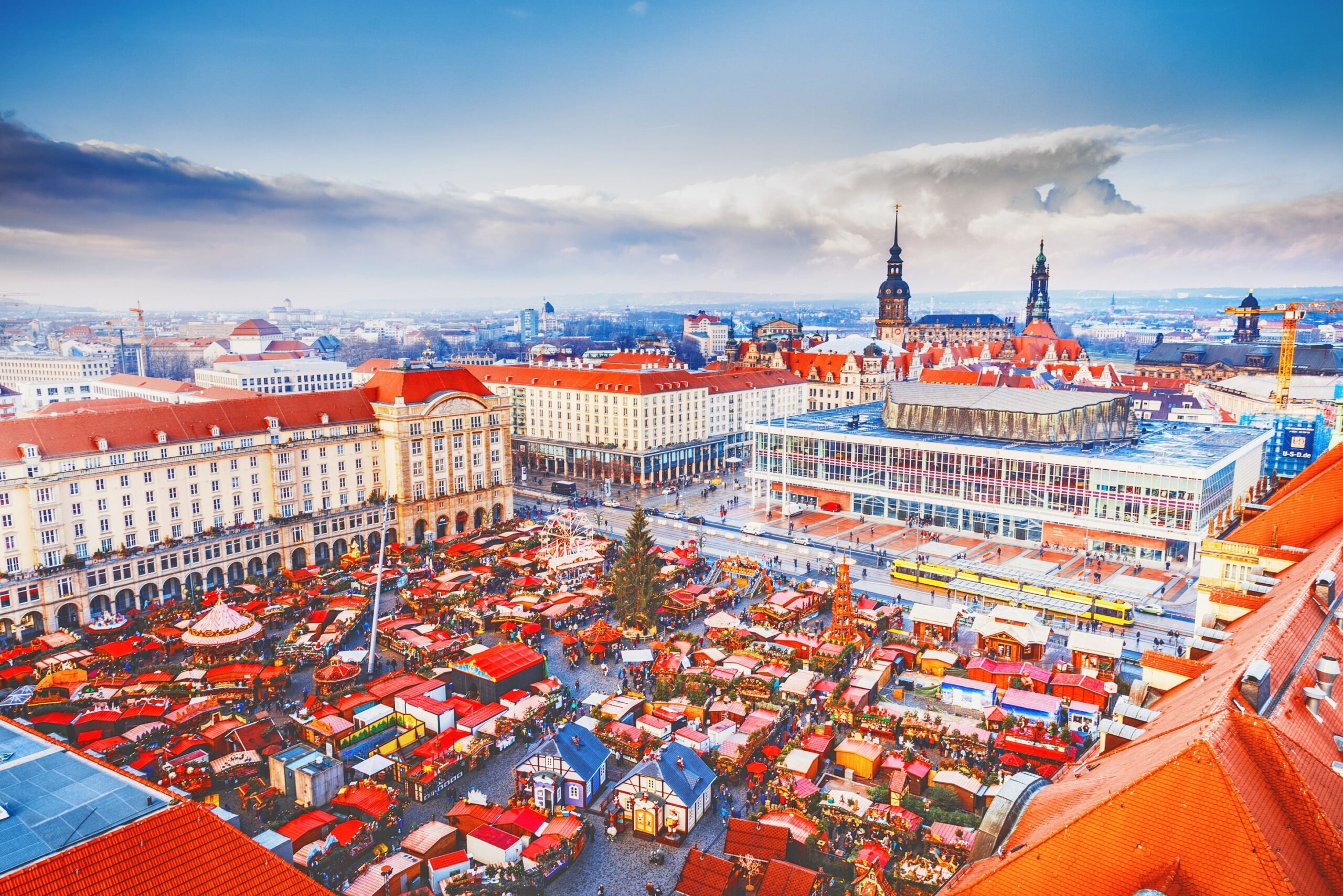 christmas market striezelmarkt in dresden, germany. view from above.