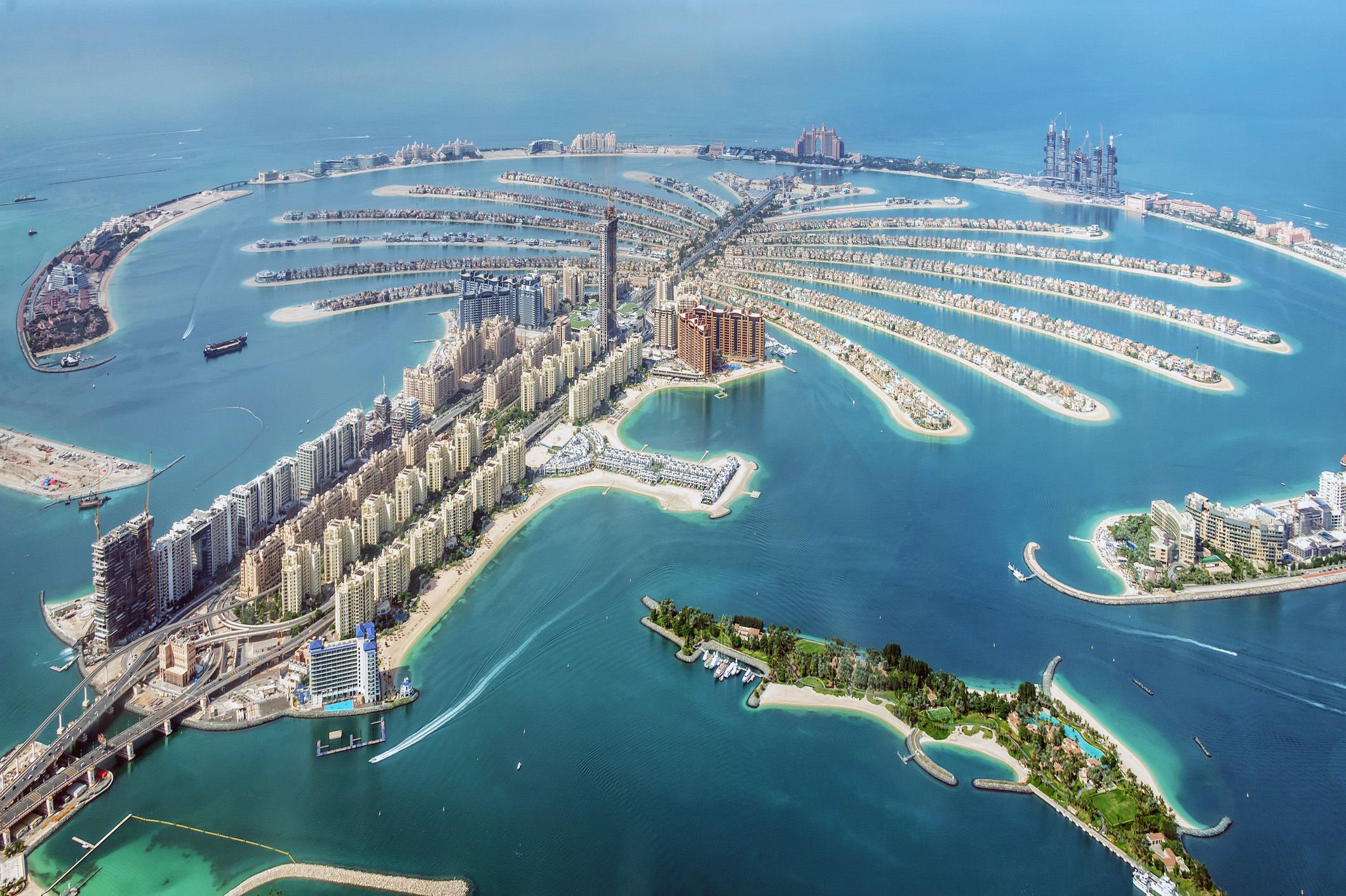 aerial view of dubai palm jumeirah island, united arab emirates