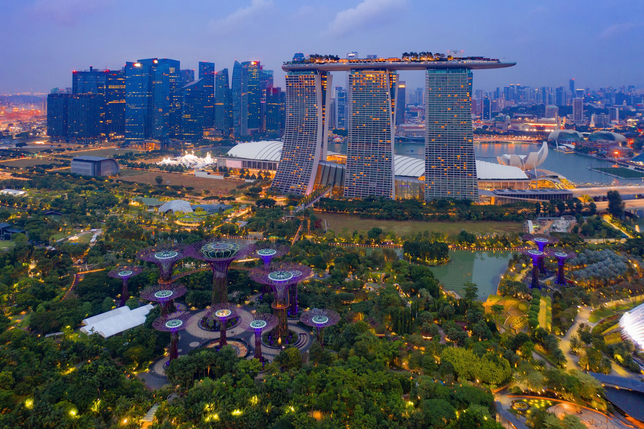 aerial view of singapore downtown. financial district and business centers in technology smart urban city in asia. skyscraper and high-rise buildings at night