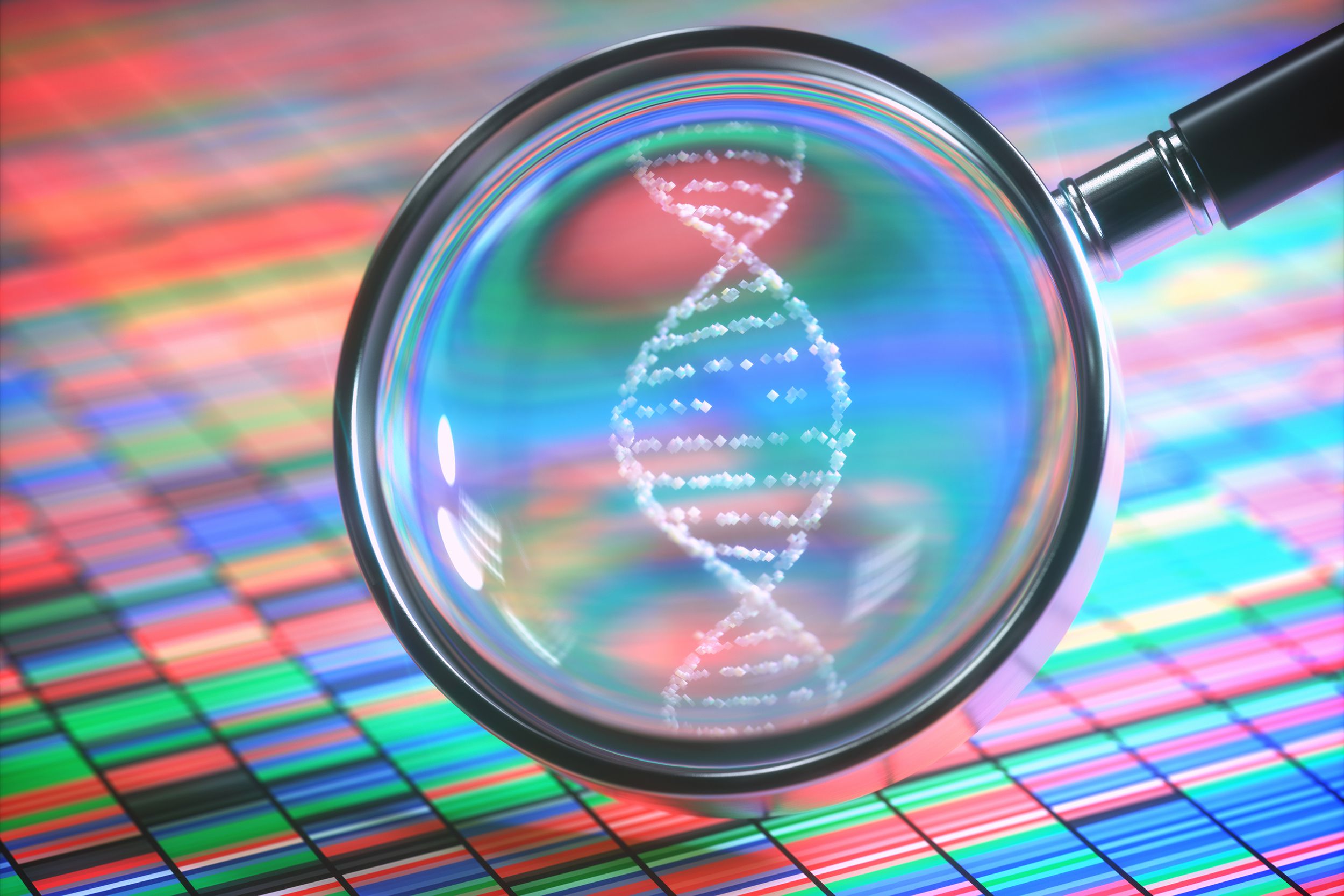 amplified DNA helix with magnifying glass on DNA test results