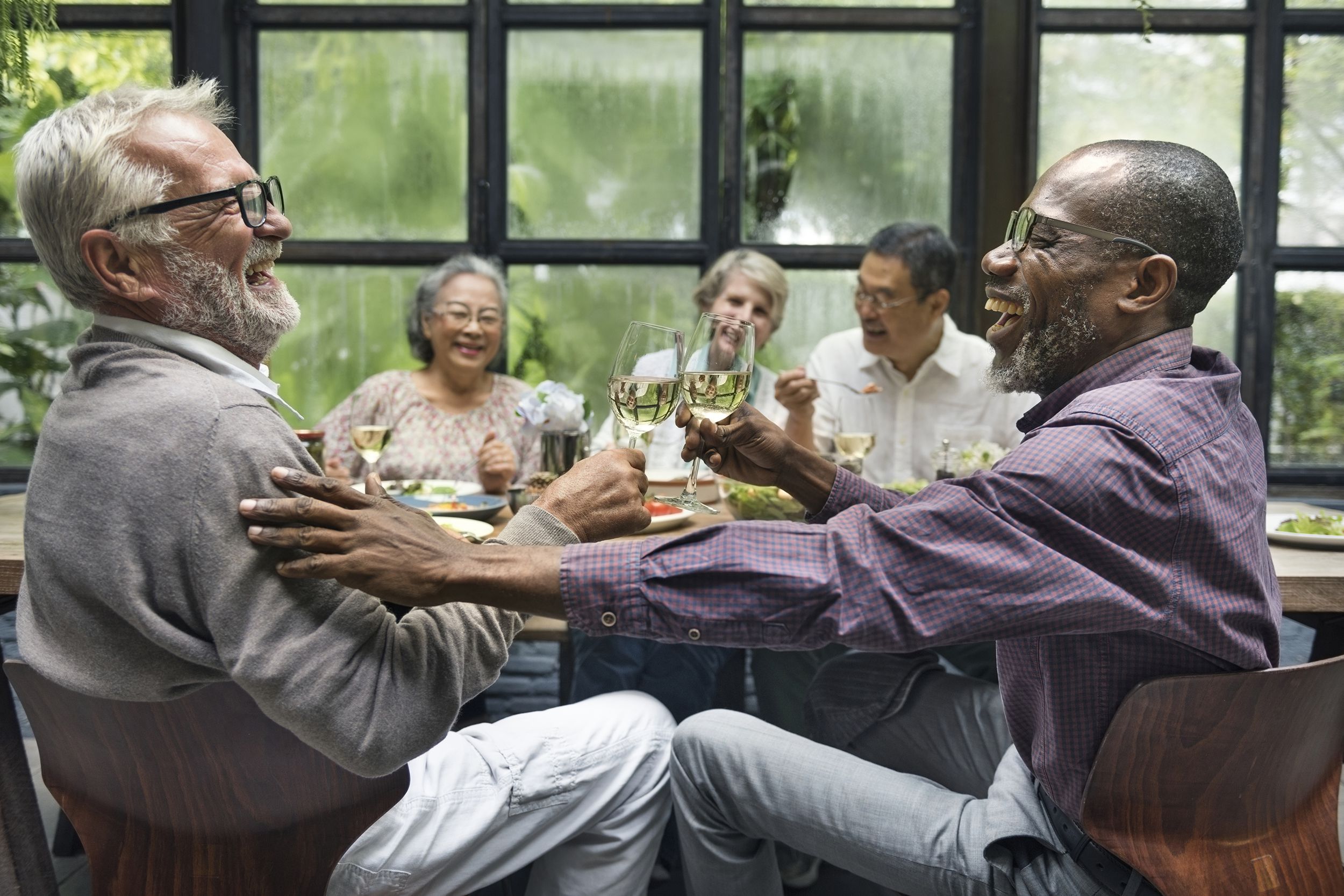 senior friends at a dinner party