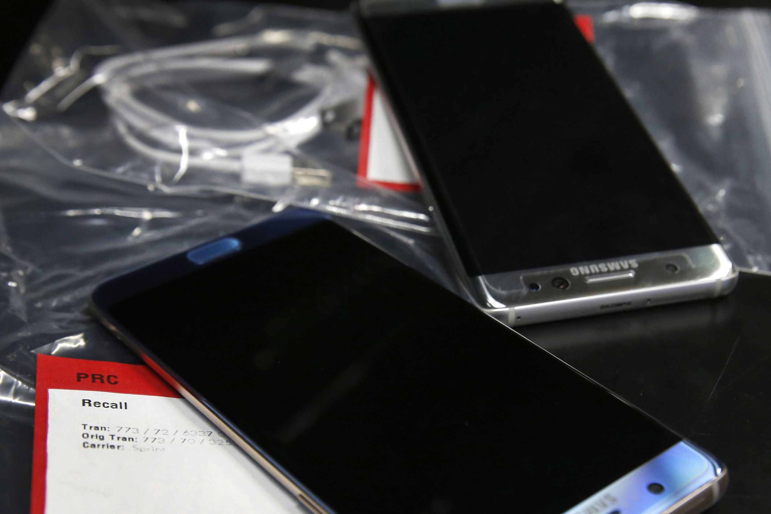 Several Samsung Galaxy Note 7's lay on a counter in plastic bags after they were returned to a Best Buy on September 15, 2016 in Orem, Utah.