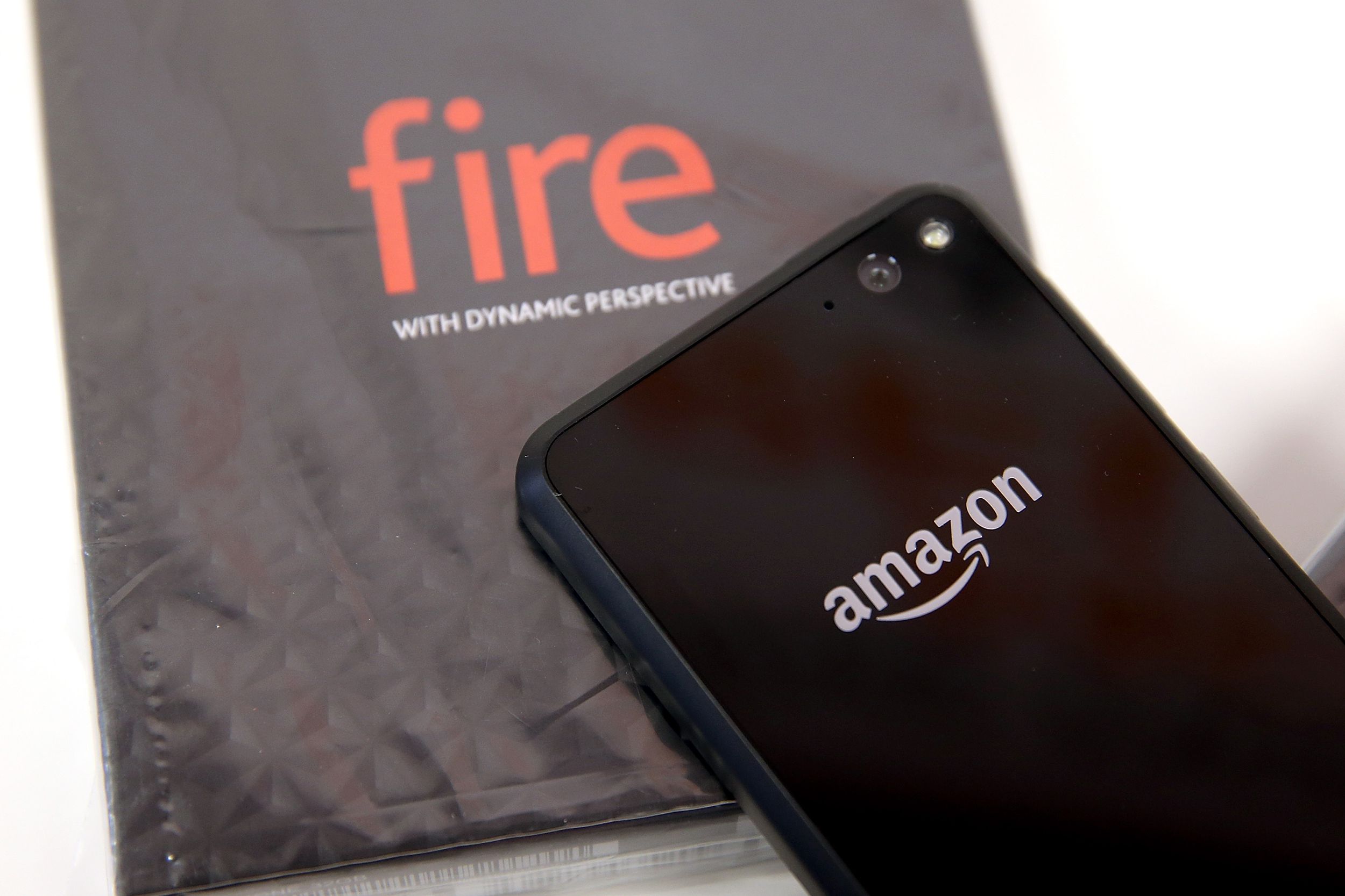 The new Amazon Fire phone is displayed at an AT&T store on July 25, 2014 in San Francisco, California.