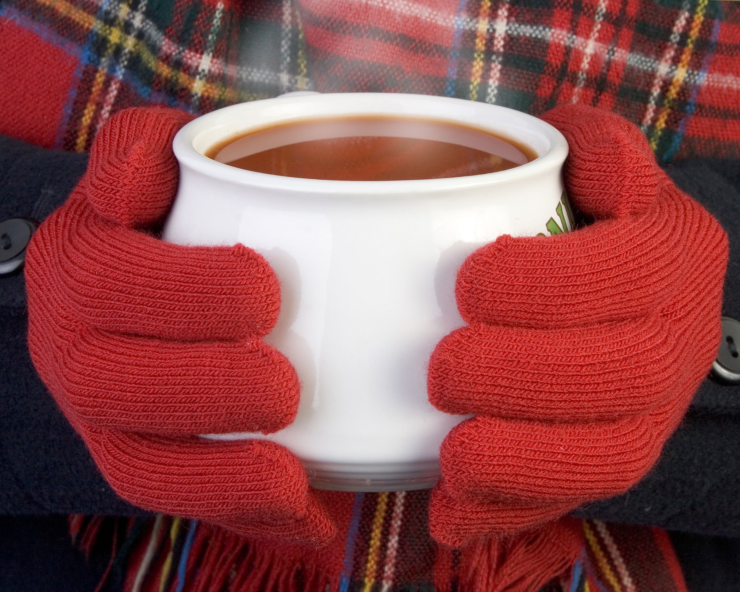 gloved hands holding warming cup of soup