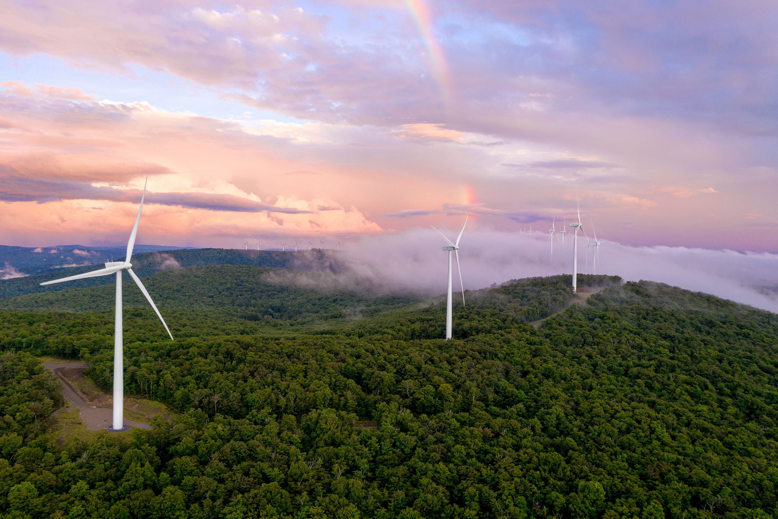 wind turbines on Mountain Ridge at sunset, Vermont