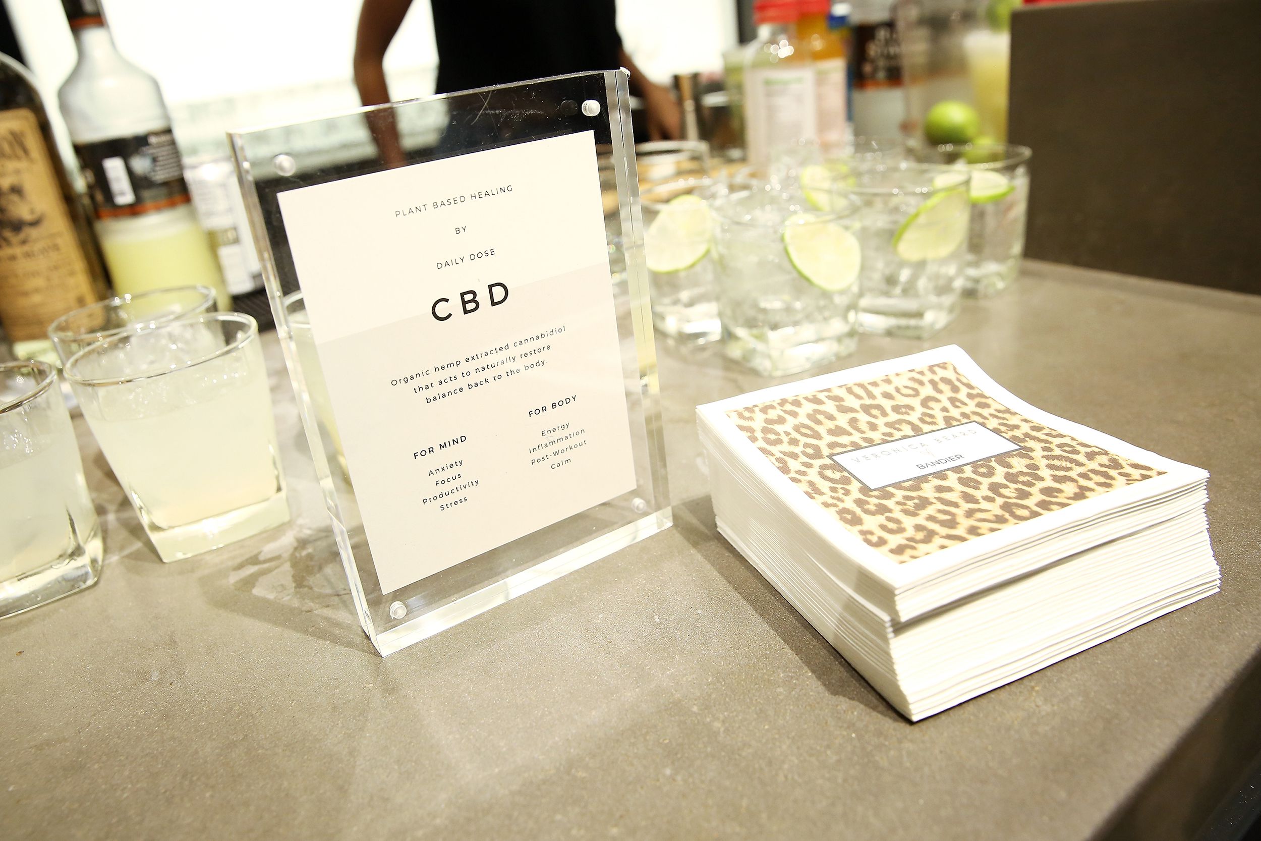 a view of the menu for cbd infused cocktails served at the veronica beard x bandier launch party on november 1, 2018 in new york city