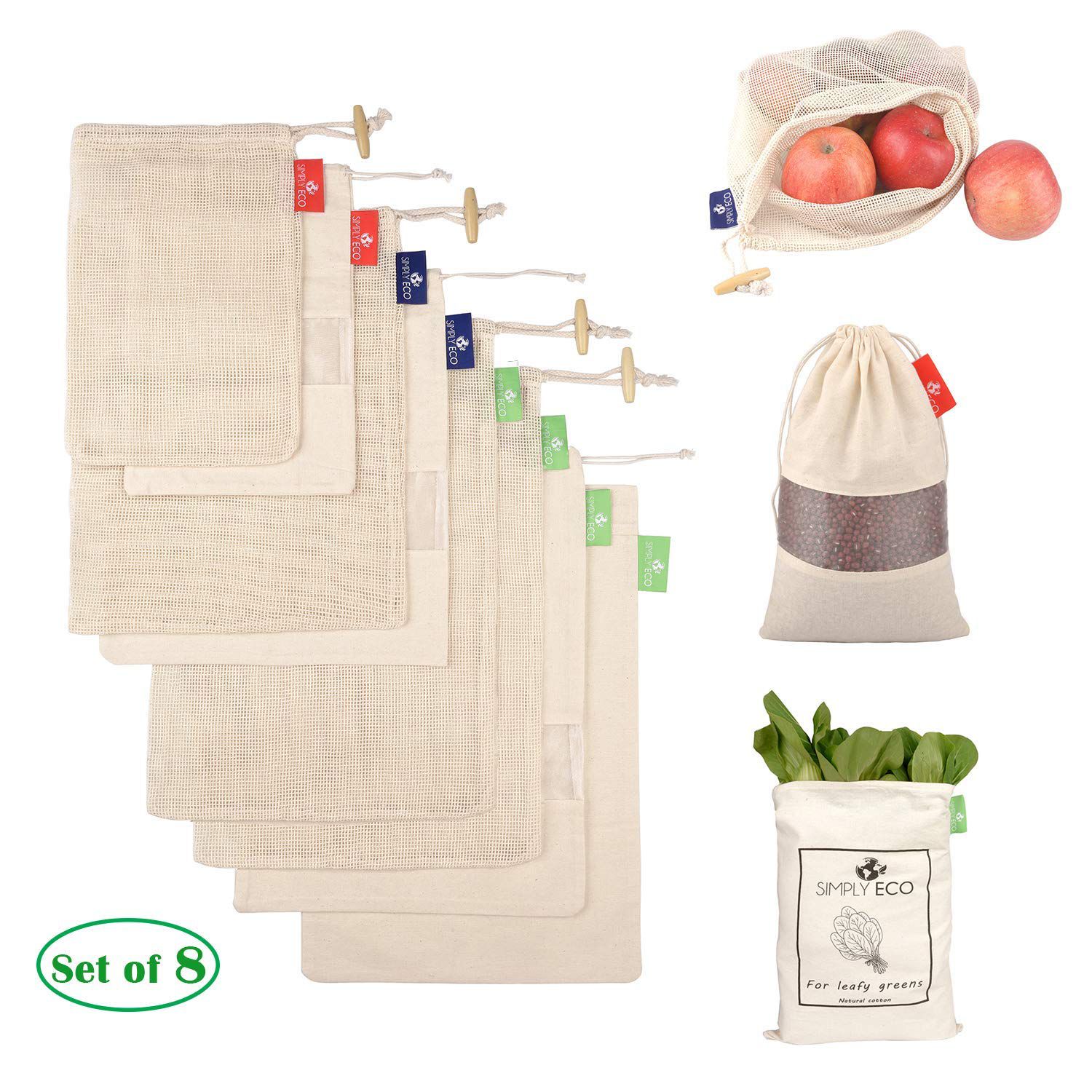 Simply Eco 8 Cotton Reusable Produce Bags with Drawstring