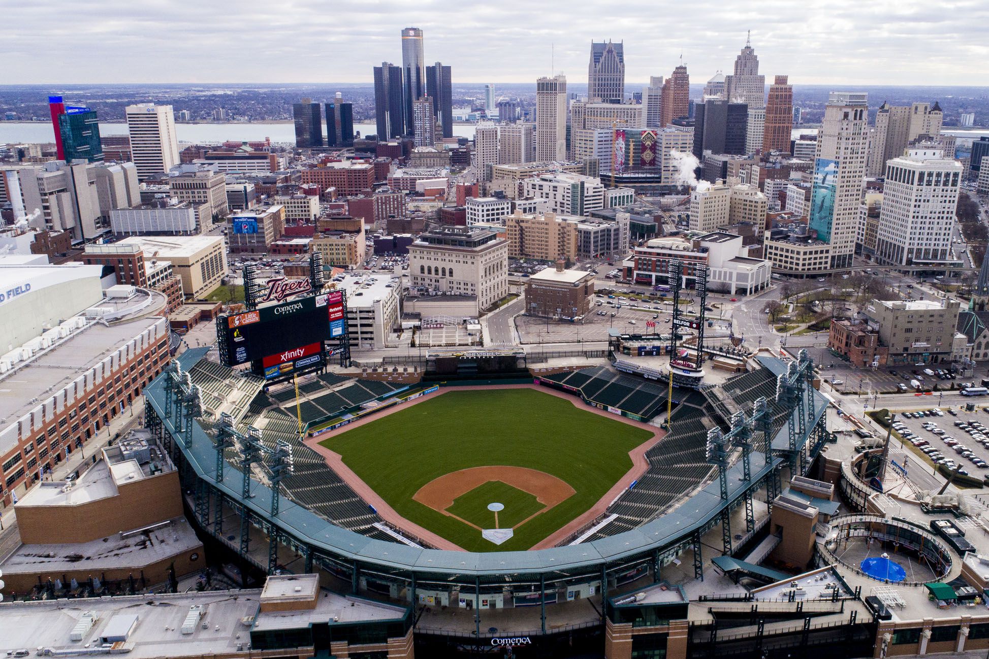 an aerial view of comerica park in detroit