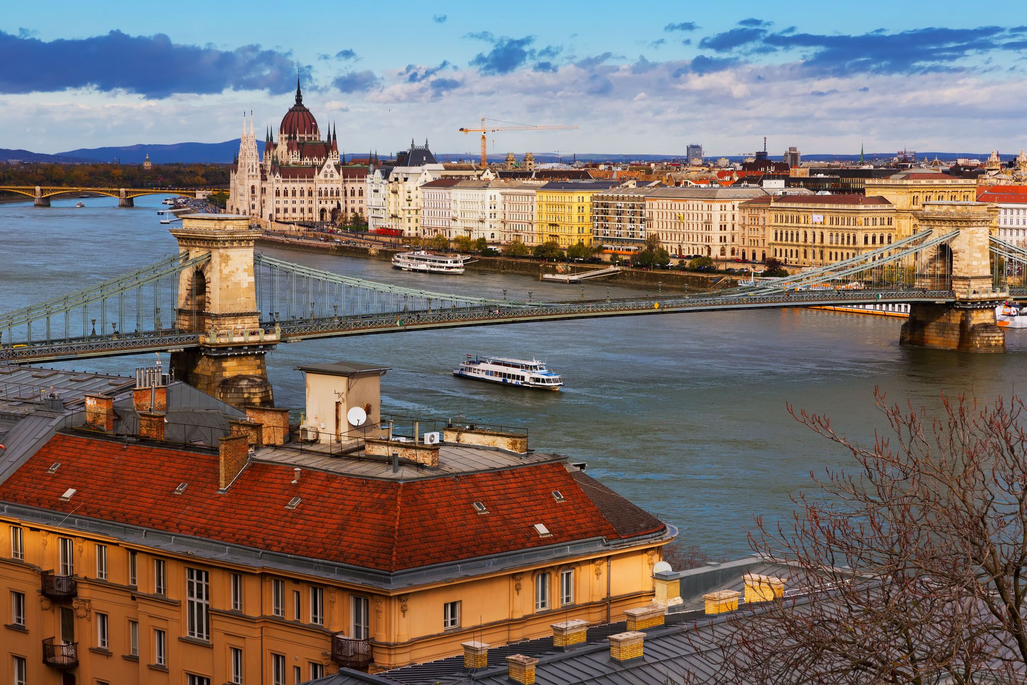 image of view of budapest chain bridge over danube and hungarian parliament