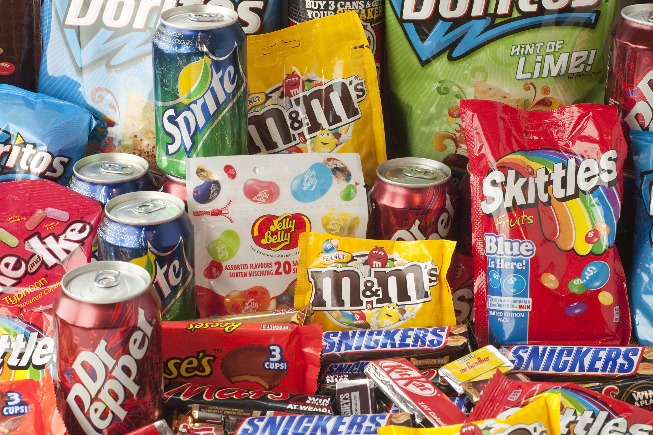 large collection of junk food