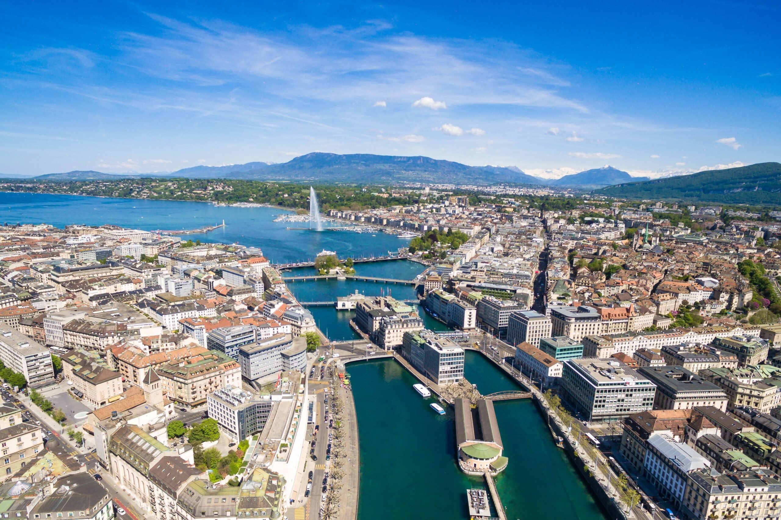 aerial view of leman lake - geneva city in switzerland