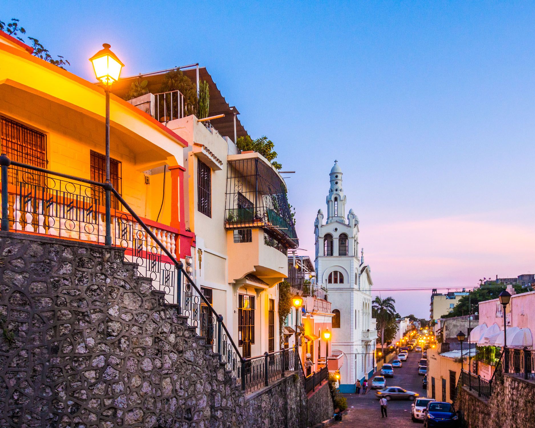 view of a street in the colonial district in santo domingo, dominican republic during twilight